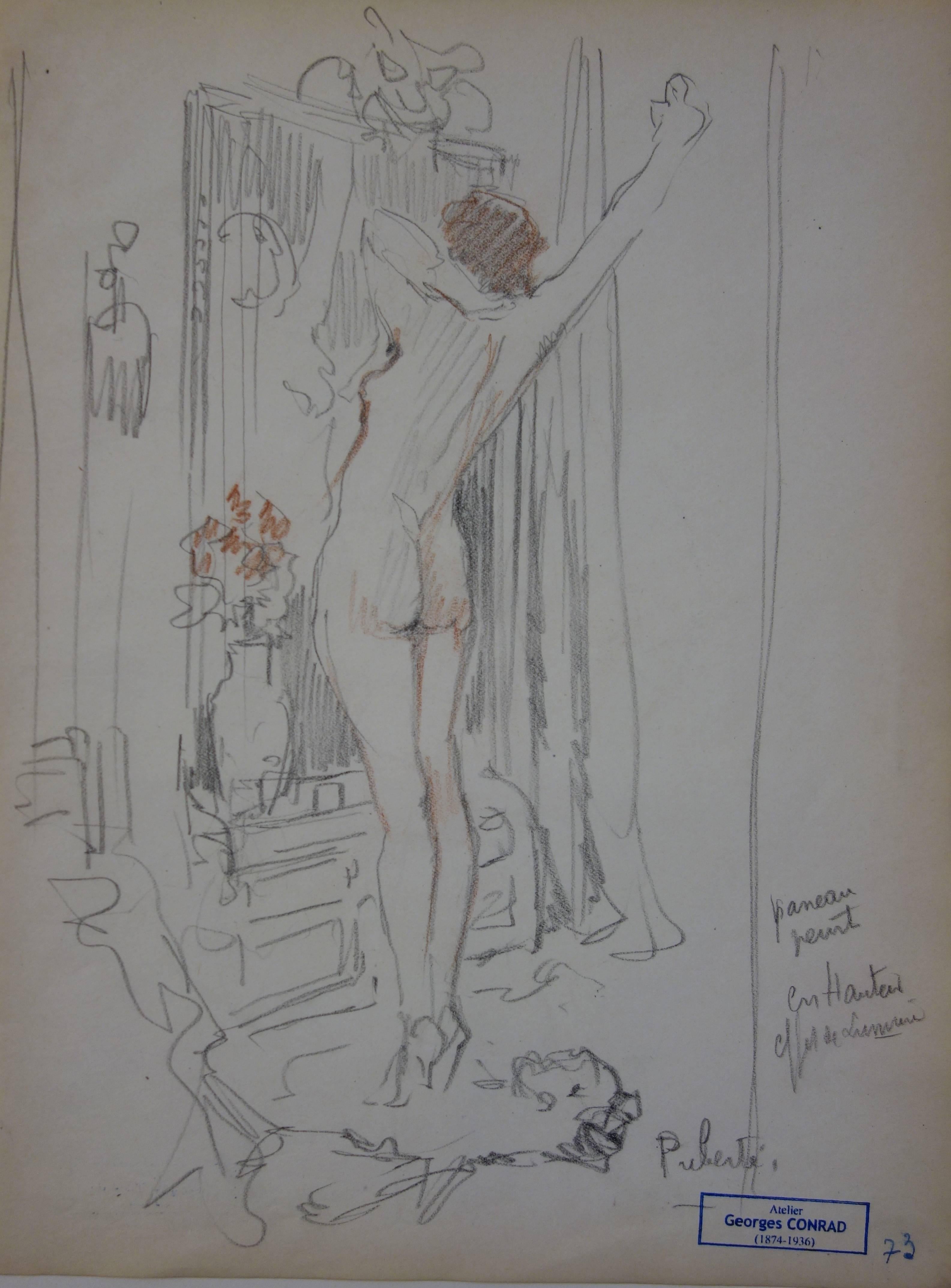 Georges Conrad Figurative Art - Morning toilet - Pencil drawing - circa 1914