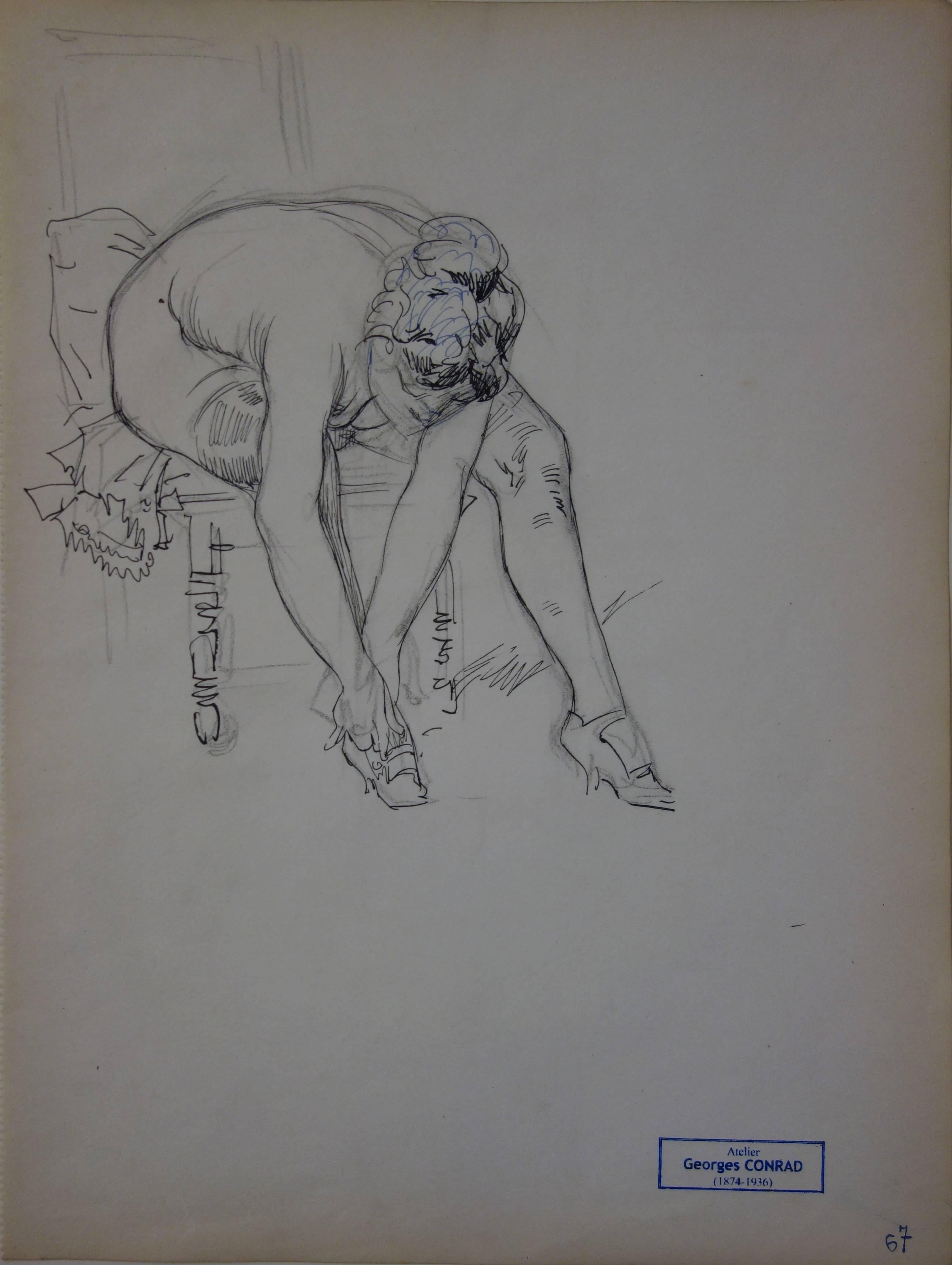 Georges Conrad Figurative Art - Tribute to Degas Ballerina : Sitting female nude - Ink drawing - circa 1916