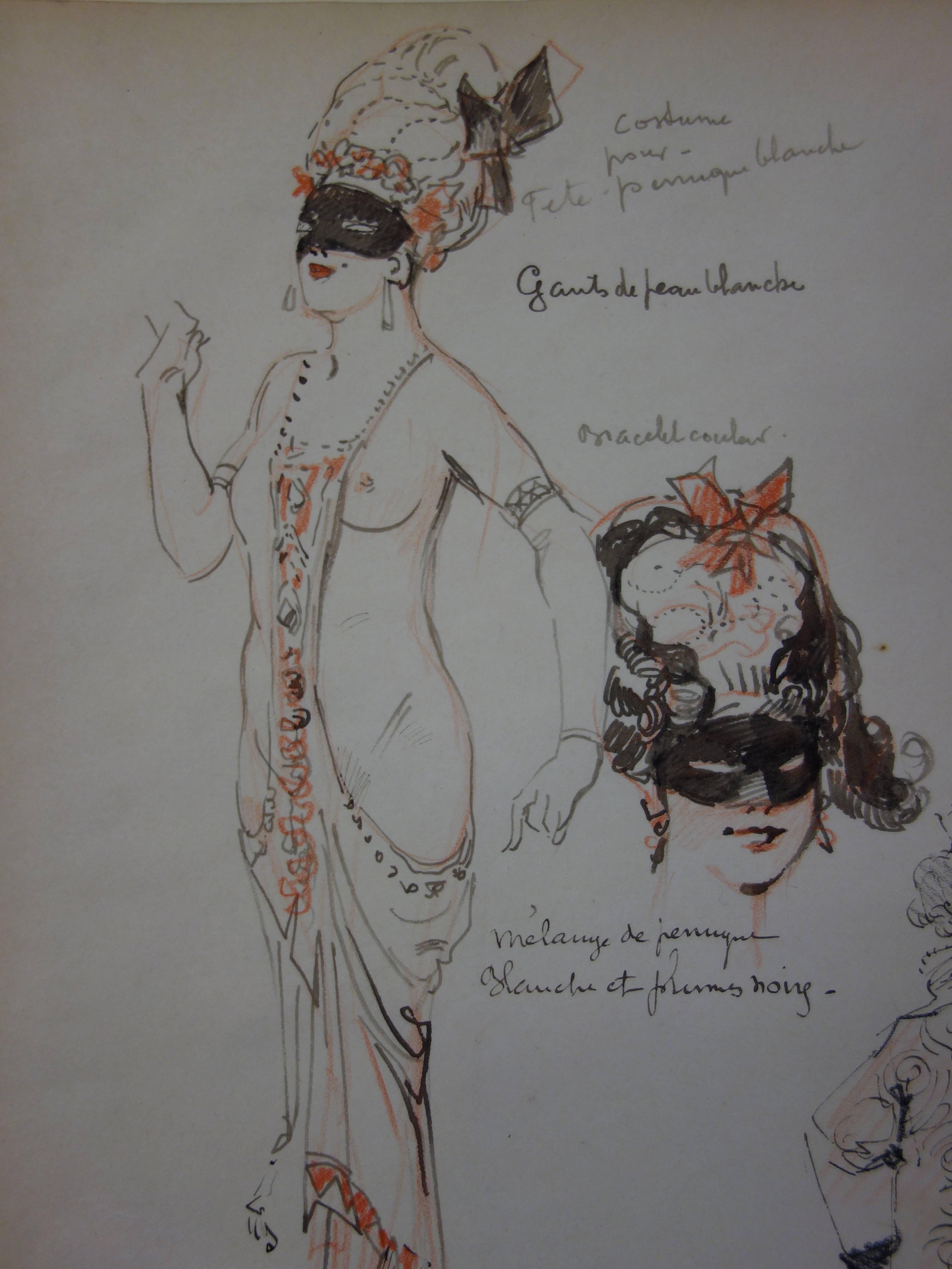 Carnaval libertino en Venecia - Dibujo a tinta - hacia 1916 - Art Académico de Georges Conrad