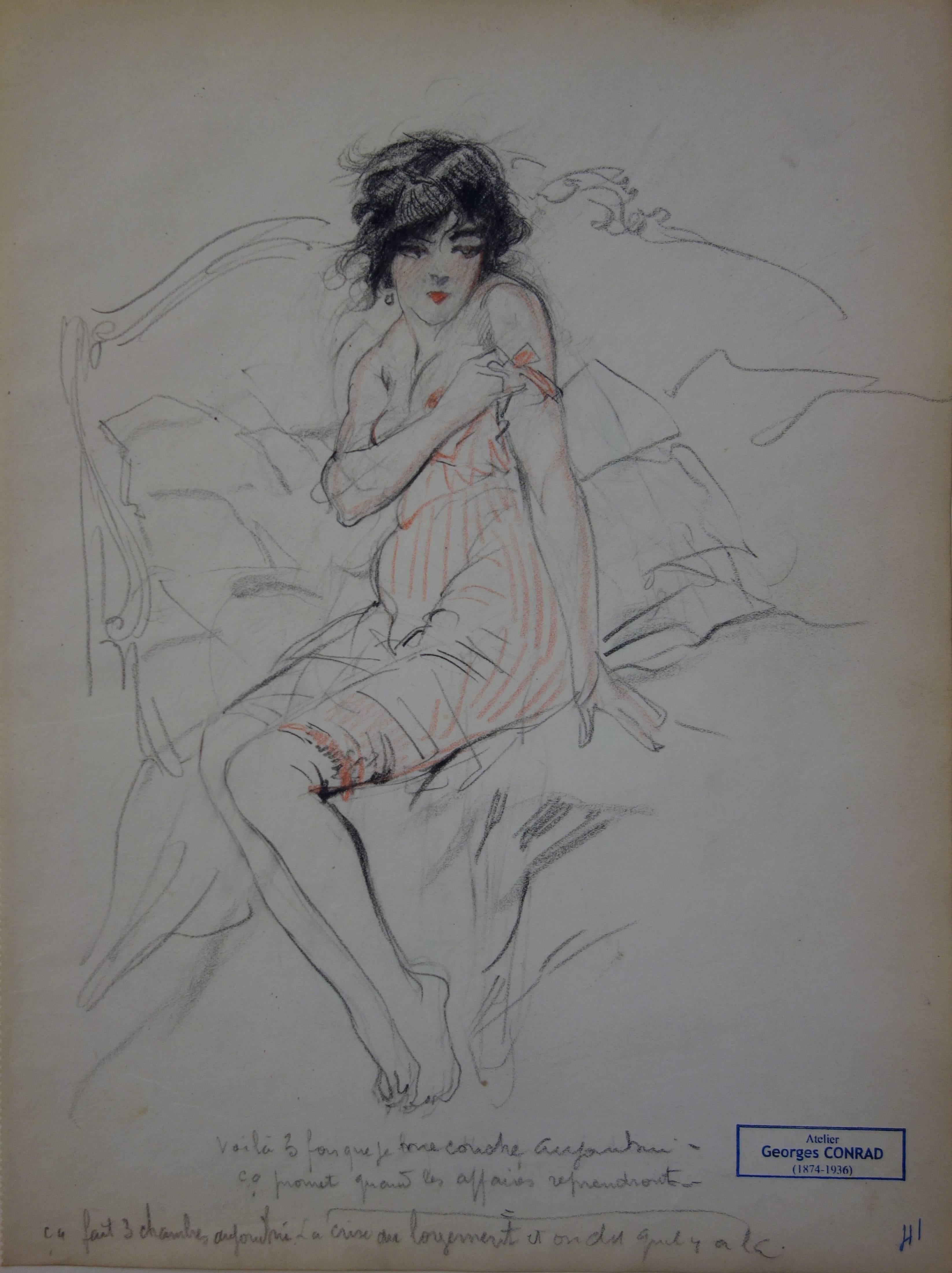 Georges Conrad Figurative Art - Morning moments - Pencil drawing - circa 1914