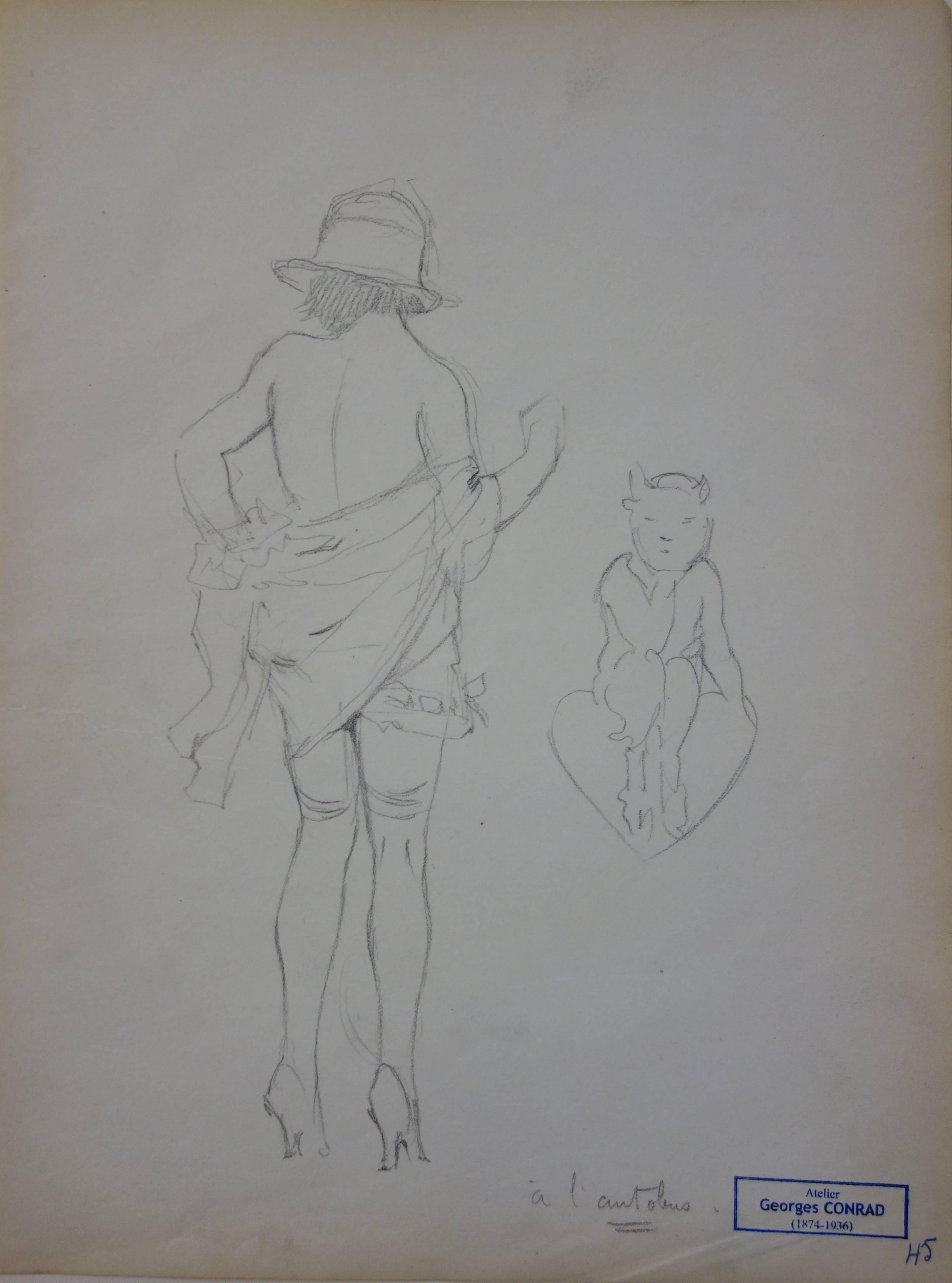 Naked woman facing a little devil - Pencil drawing - circa 1914