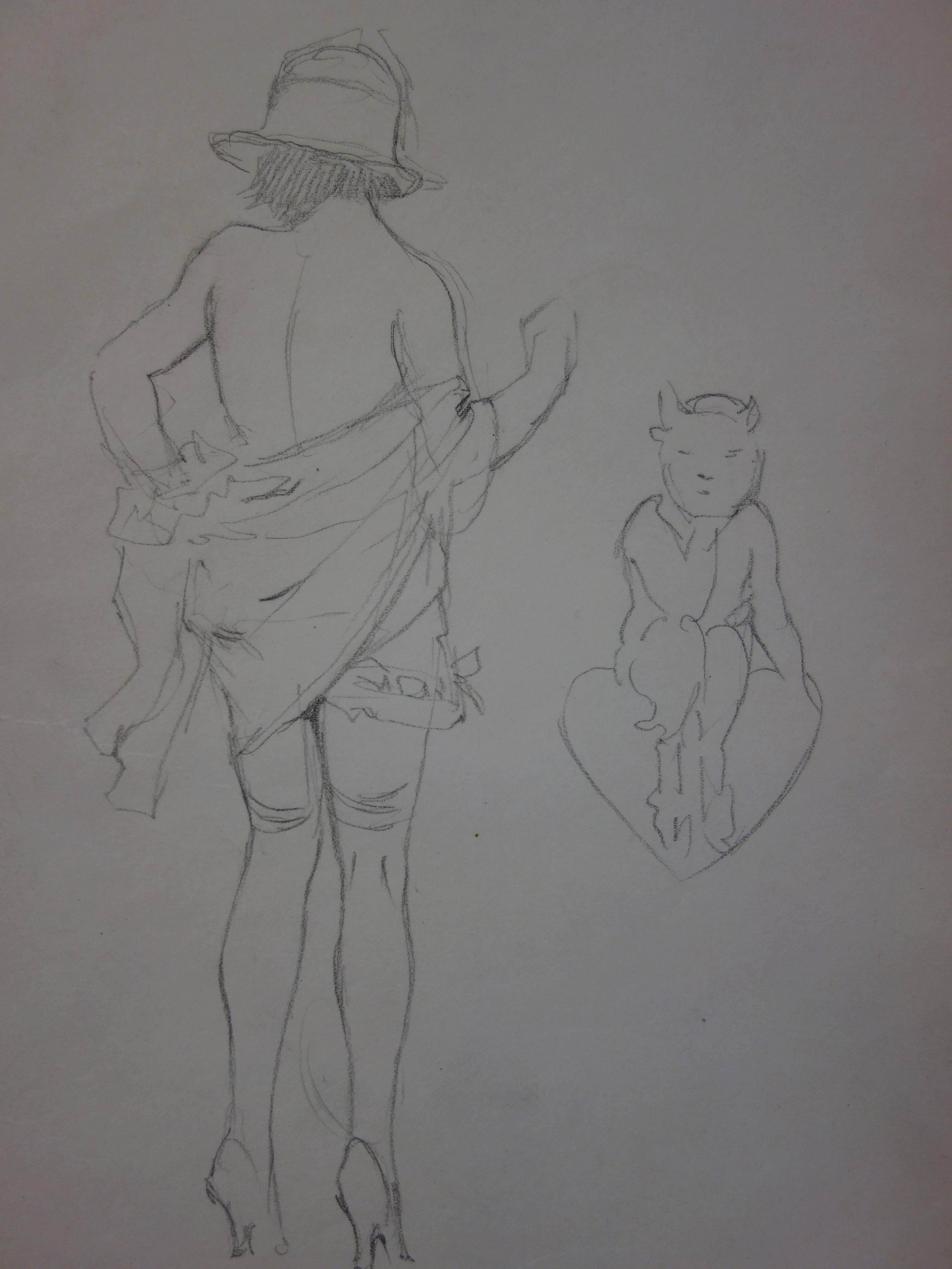 Nackte Frau, die einem kleinen Teufel gegenübersteht - Bleistiftzeichnung - um 1914 (Akademisch), Art, von Georges Conrad