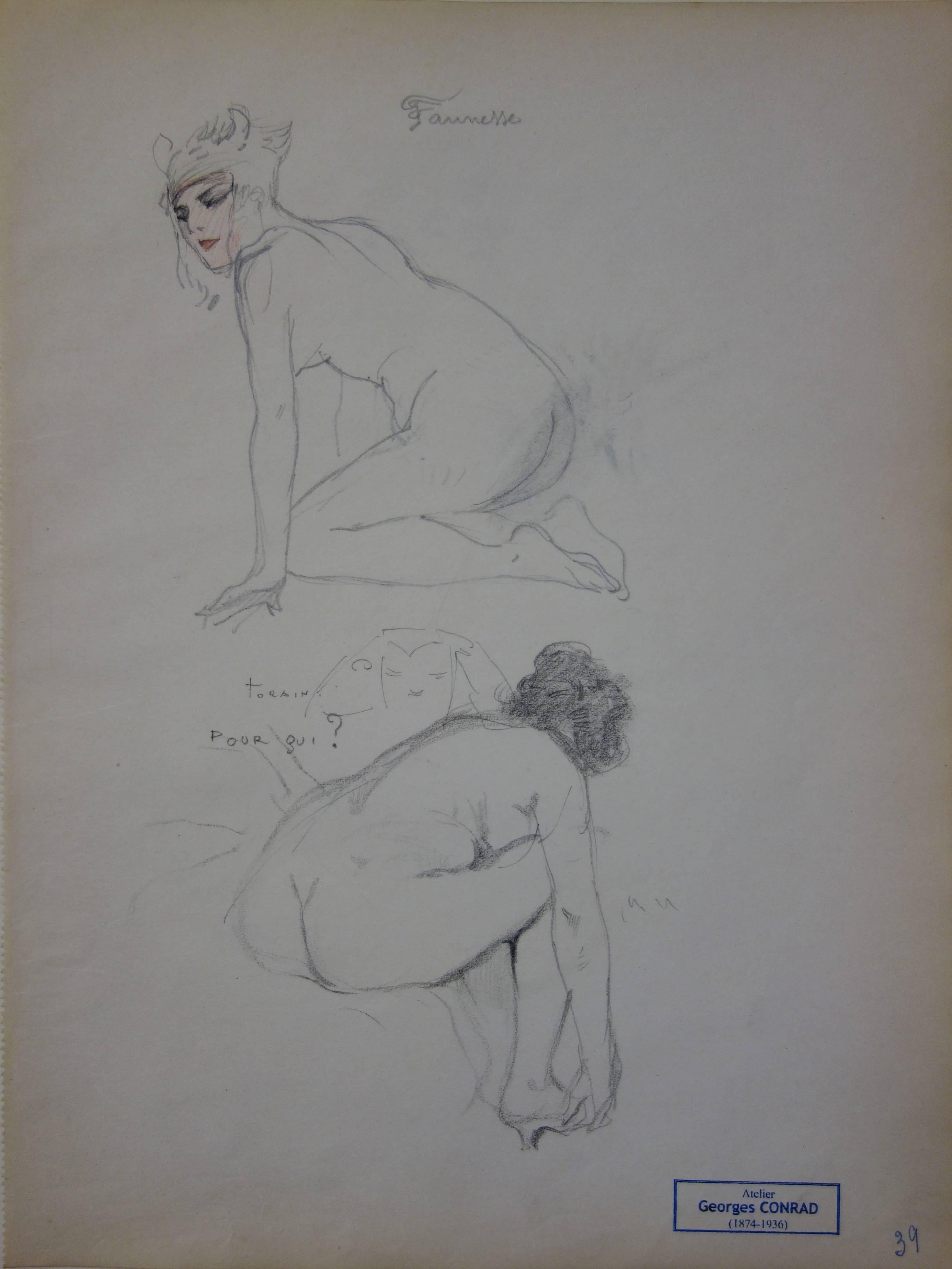 Georges Conrad Figurative Art - Two divine women - Pencil drawing - circa 1914