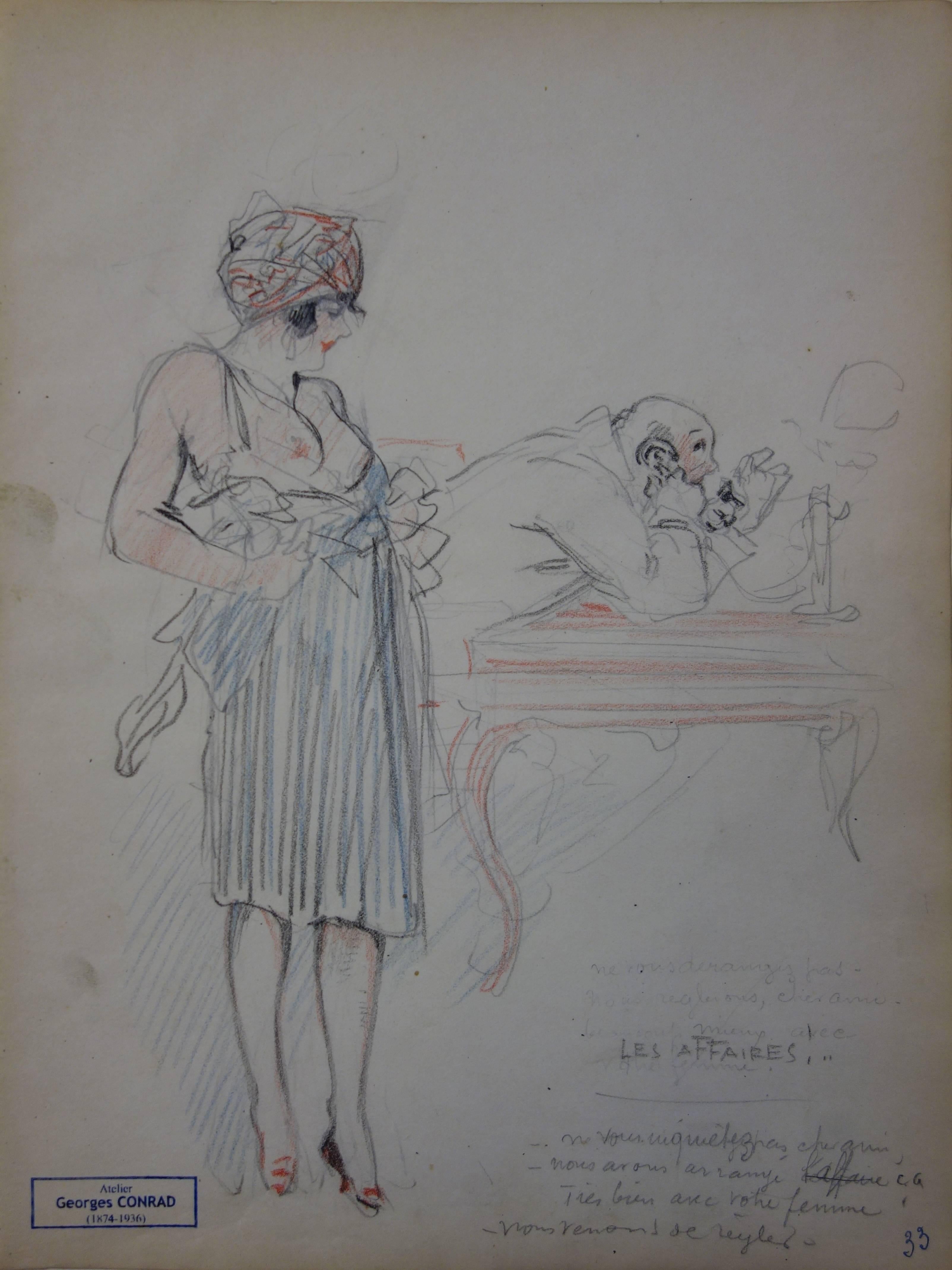 Georges Conrad Figurative Art - Gentle Evening - Pencil drawing - circa 1914