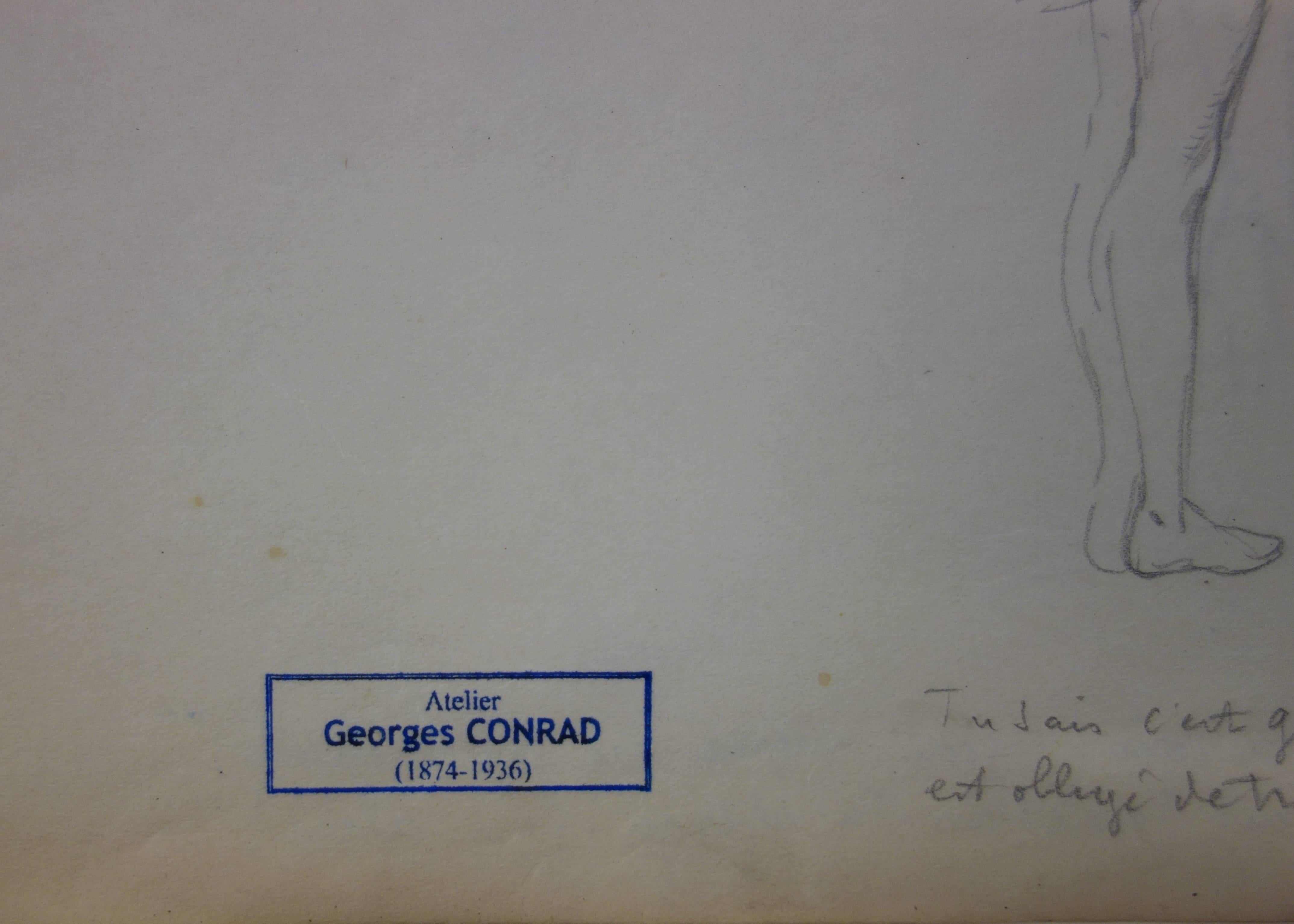 Studie über den weiblichen Akt und ein Paar – Bleistiftzeichnung – um 1914 – Art von Georges Conrad