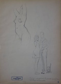 Study of female nude and a couple - Pencil drawing - circa 1914