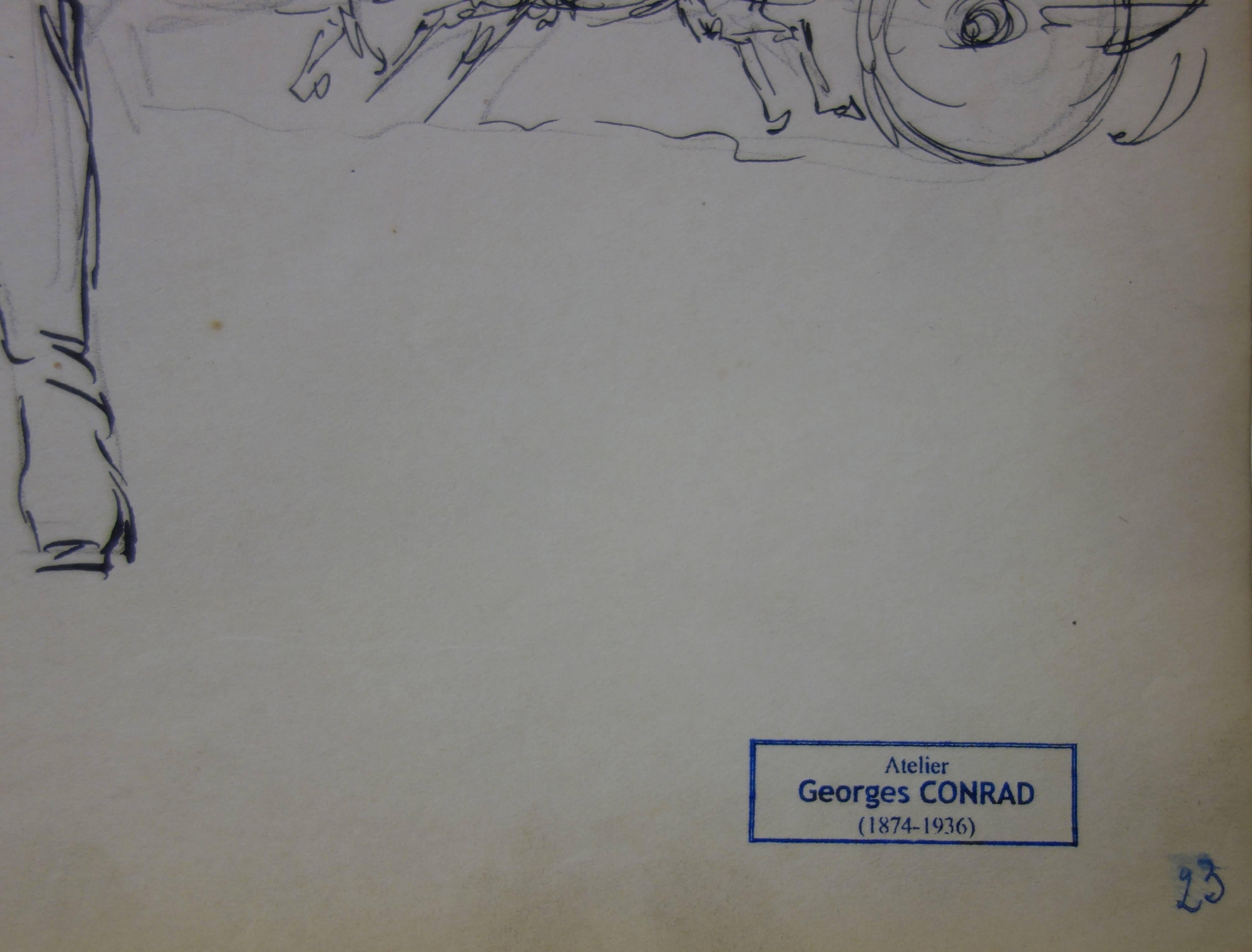 Coachman des neunzehnten Jahrhunderts - Tuschezeichnung - 1916 – Art von Georges Conrad