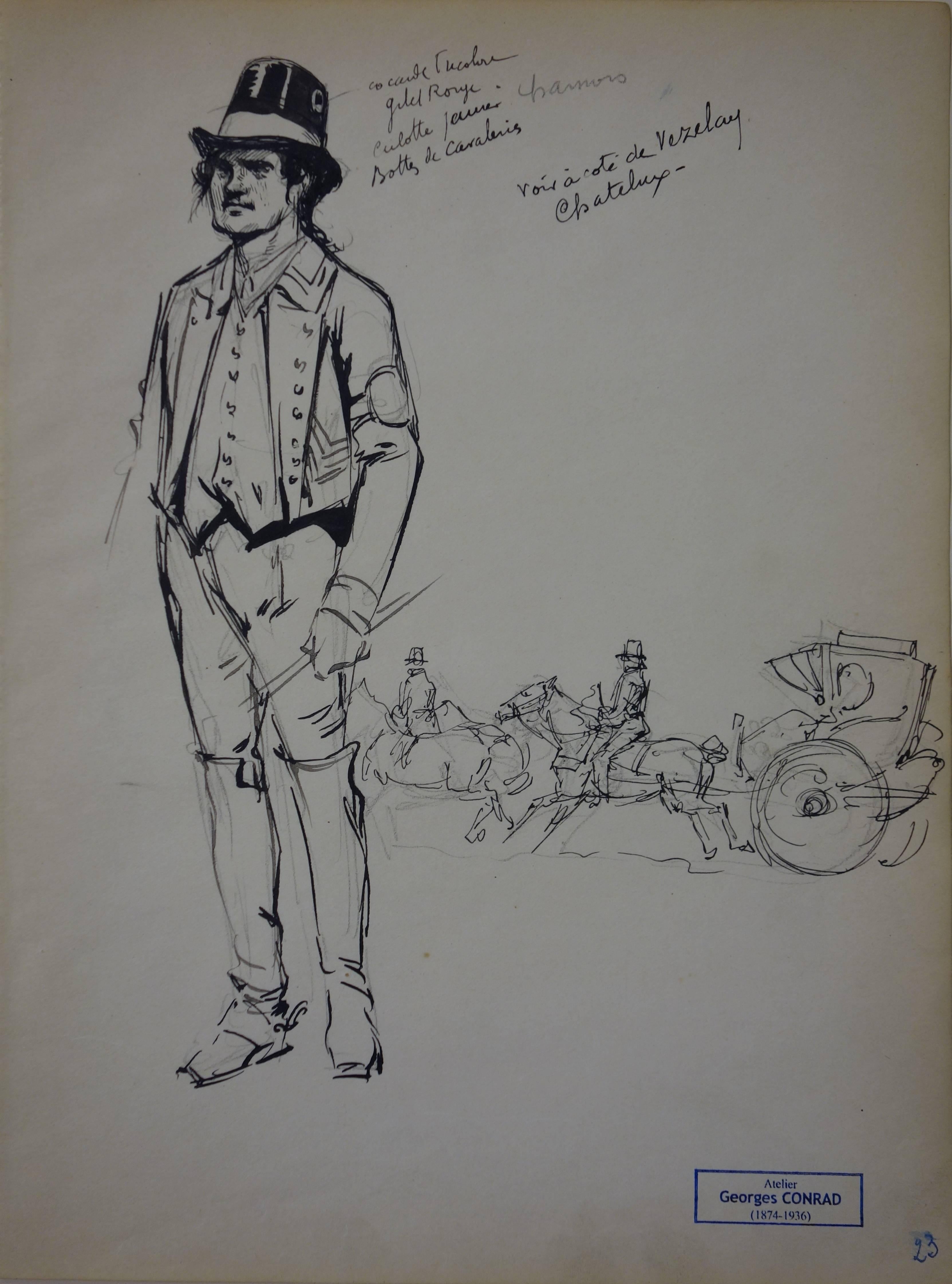 Figurative Art di Georges Conrad - Carrozzaio dell'Ottocento - Disegno a inchiostro - 1916
