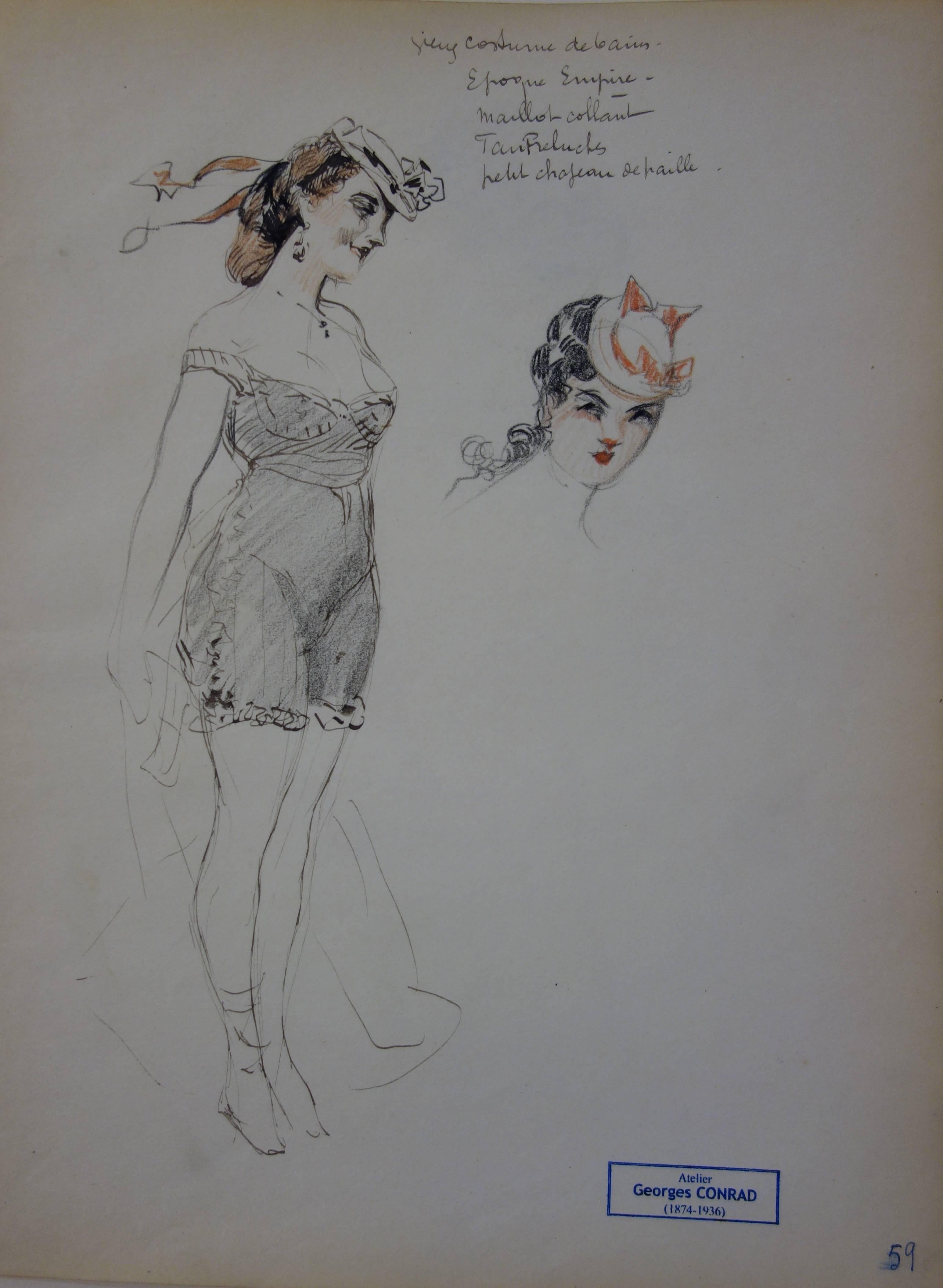Georges Conrad - Study of woman in bathing suit - Ink drawing - circa 1916  For Sale at 1stDibs