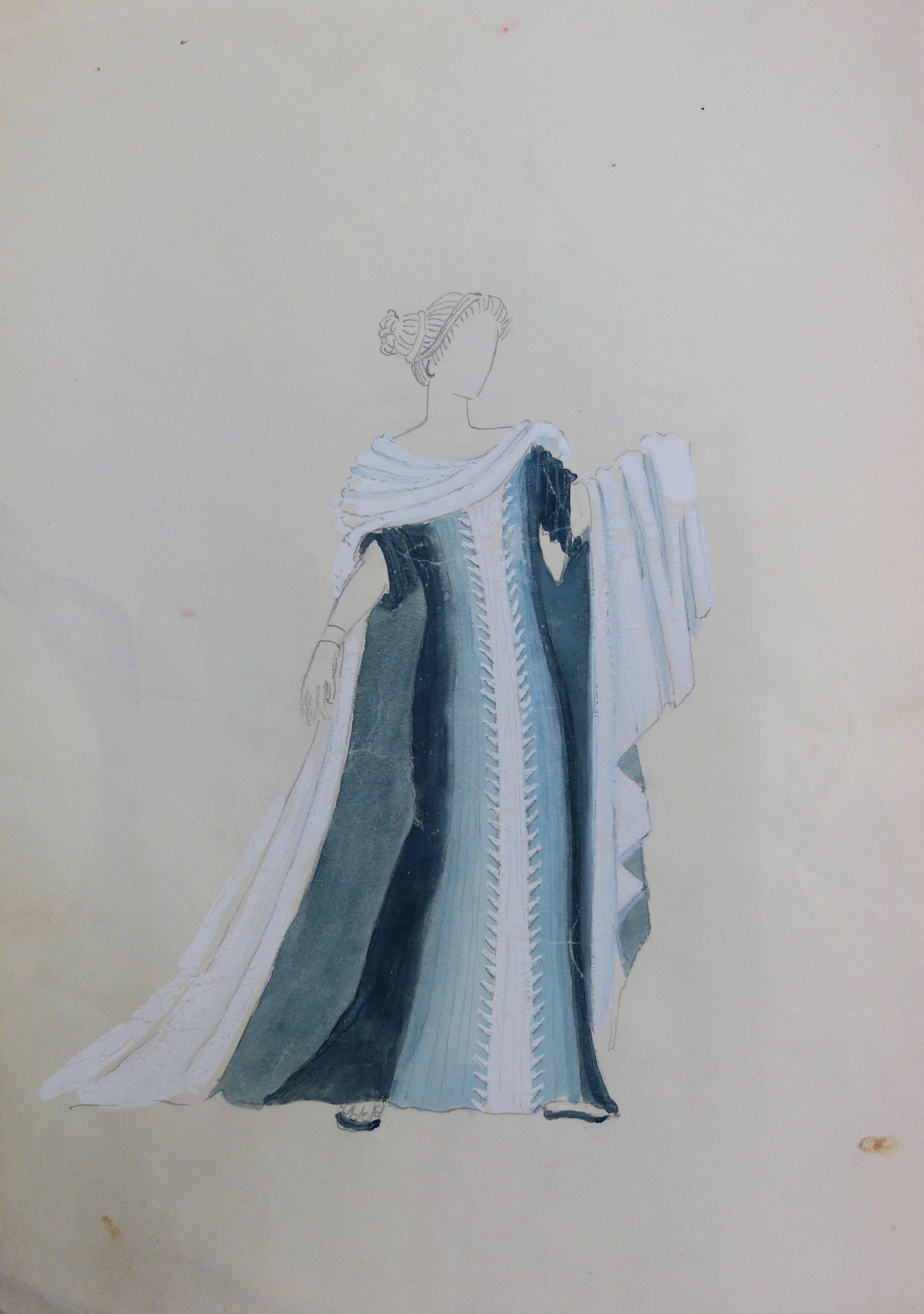 Suzanne Lalique Figurative Art - Blue dress : Antique Greek costume - Original watercolor drawing