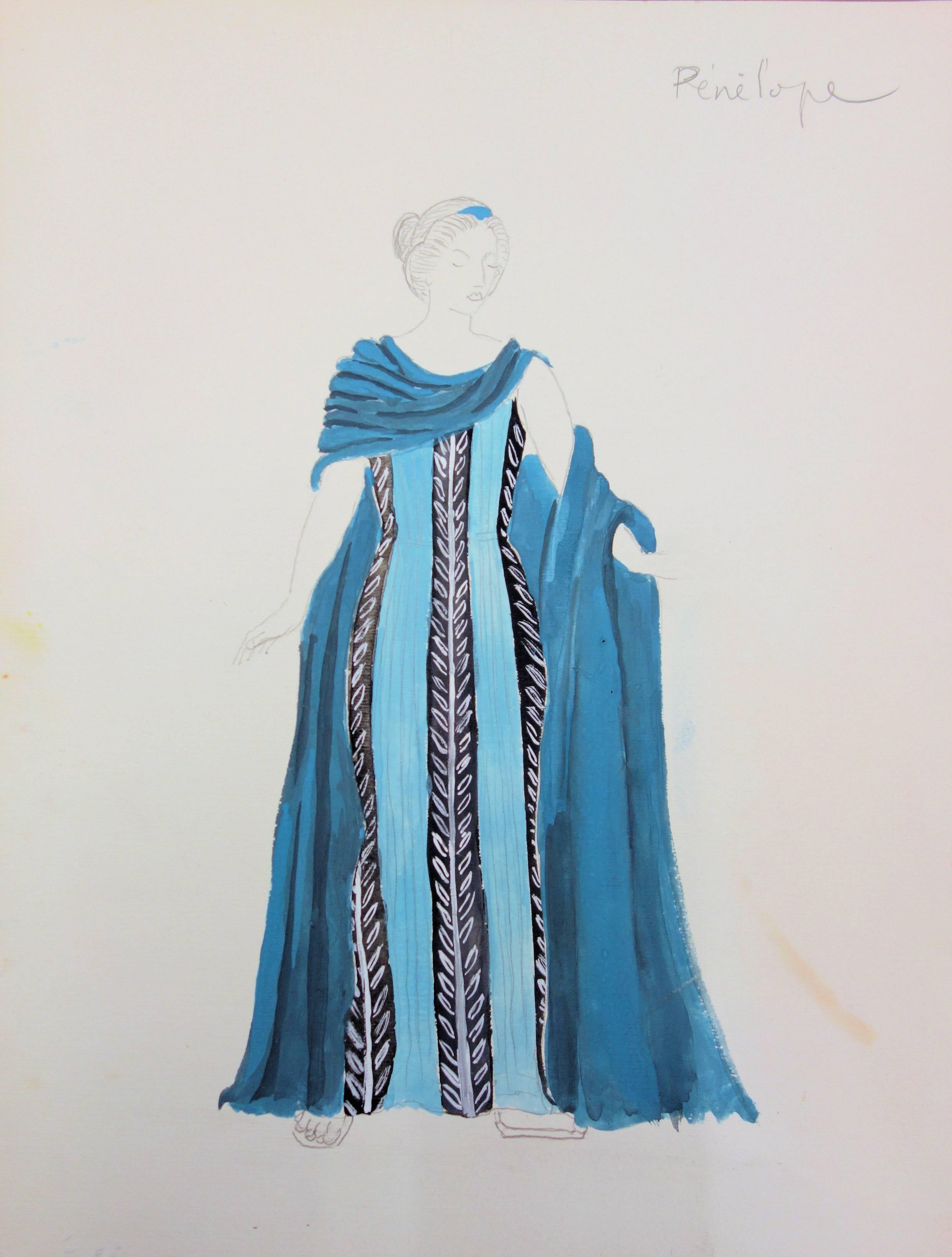 Suzanne Lalique Figurative Art - Pénélope : Greek Woman's costume - Original watercolor drawing