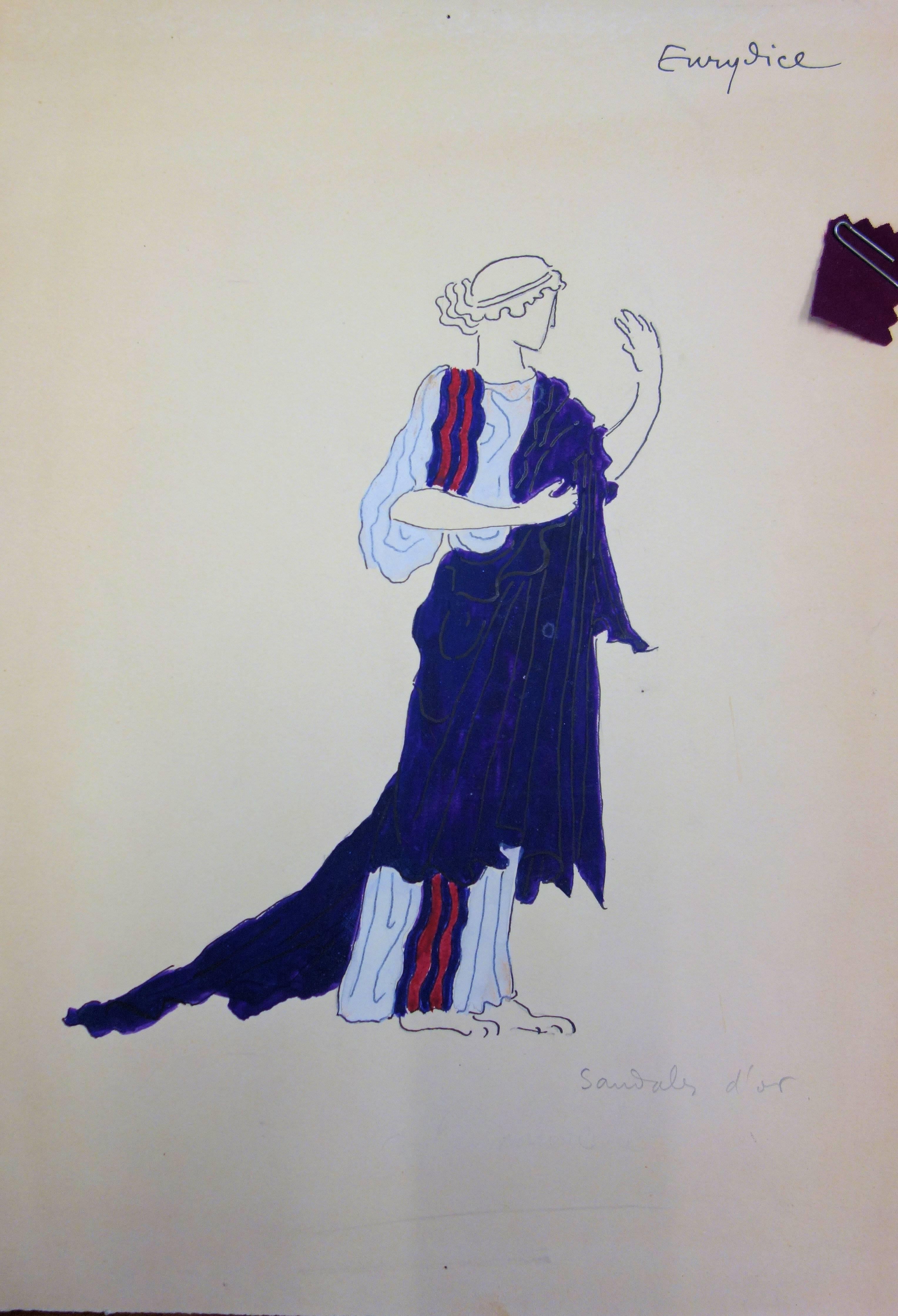 Eurydice : Antique Greek costume - Original watercolor drawing