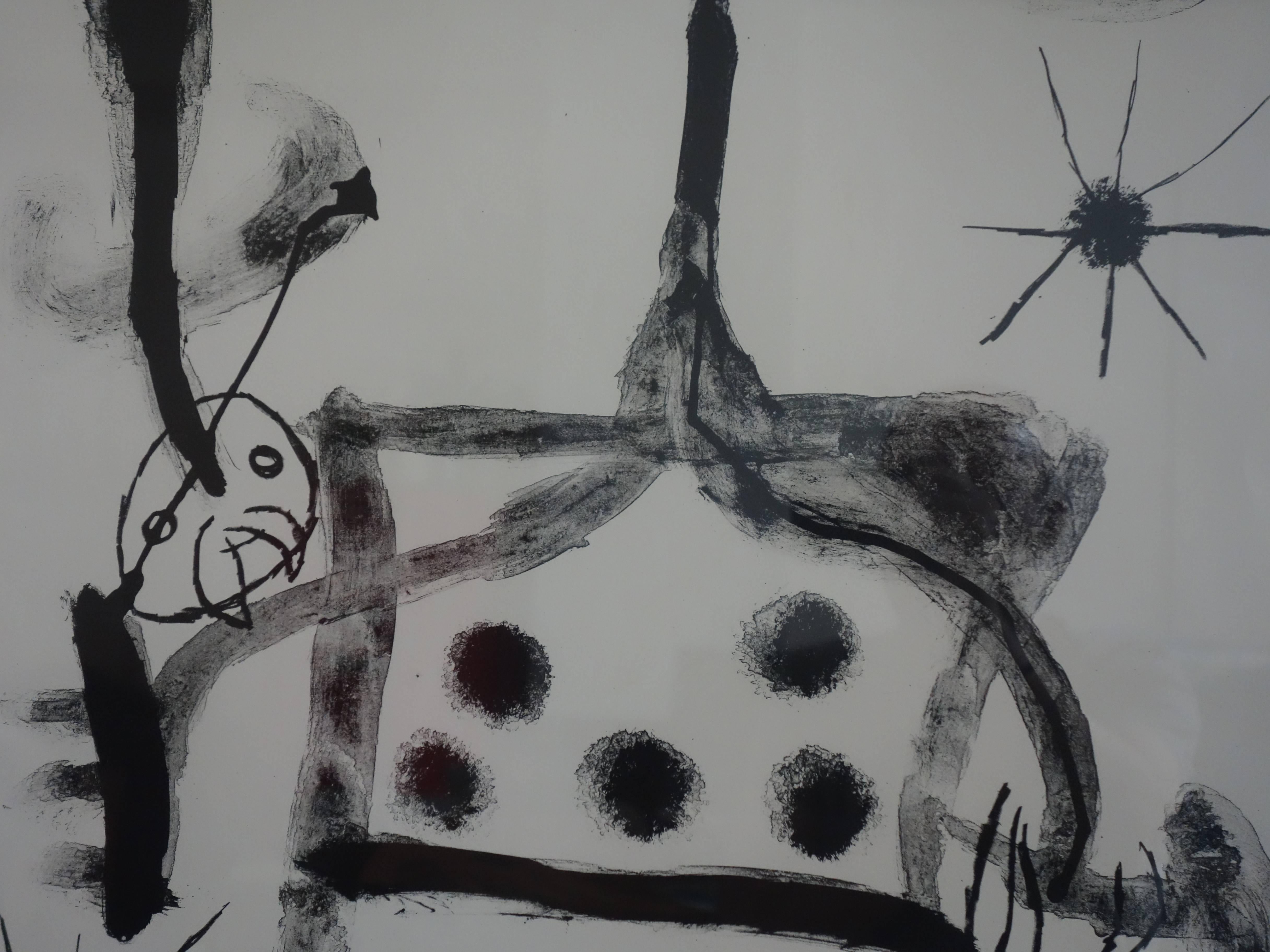 Album 19 : Plate 4, Man Handling his Head - Original handsigned lithograph - Gray Abstract Print by Joan Miró