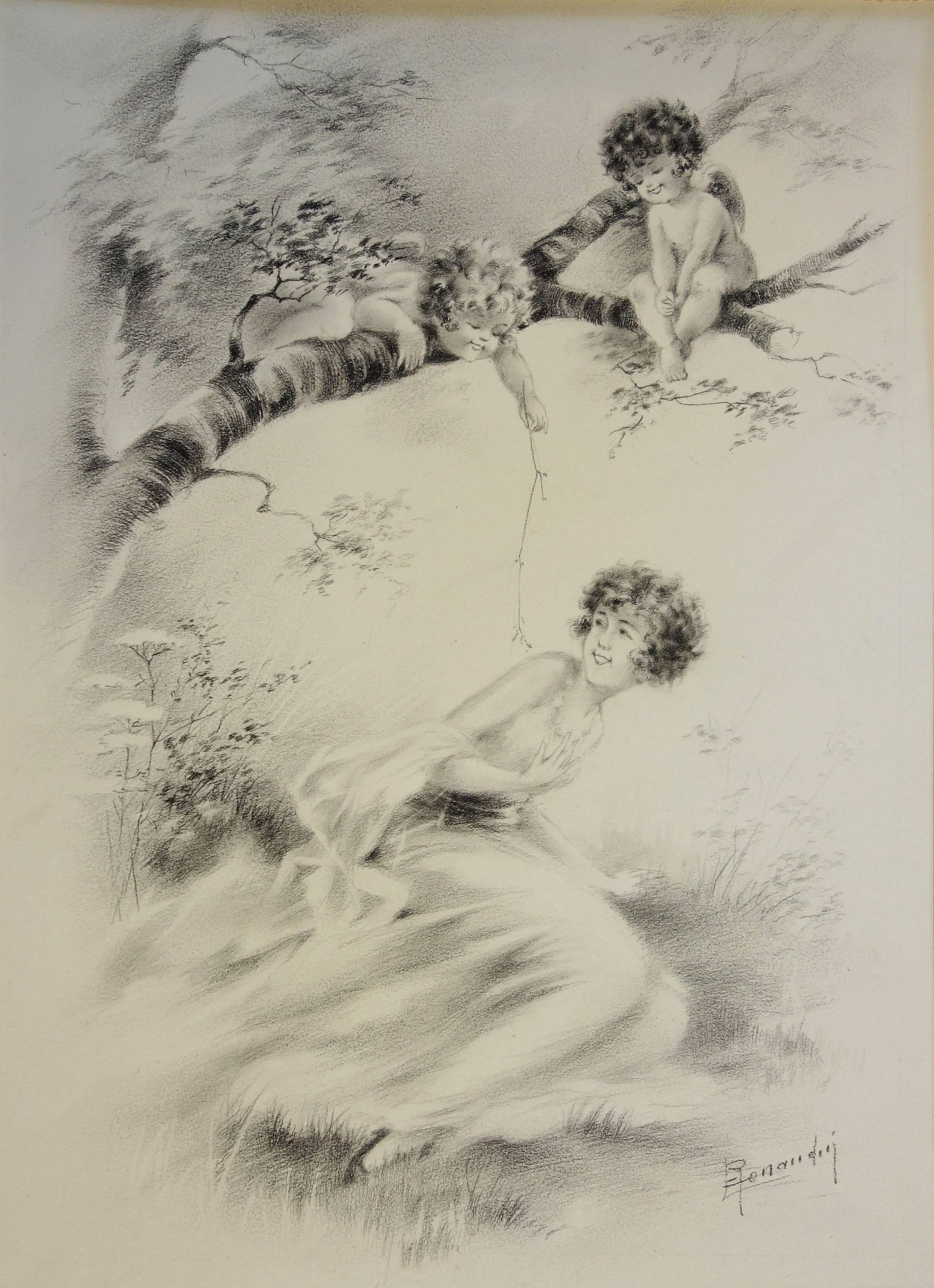 Alfred Renaudin (Naudy) Figurative Art - Angels Teasing a Young Woman - Original handsigned drawing -1934