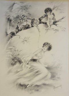 Angels Teasing a Young Woman - Original handsignierte Zeichnung -1934