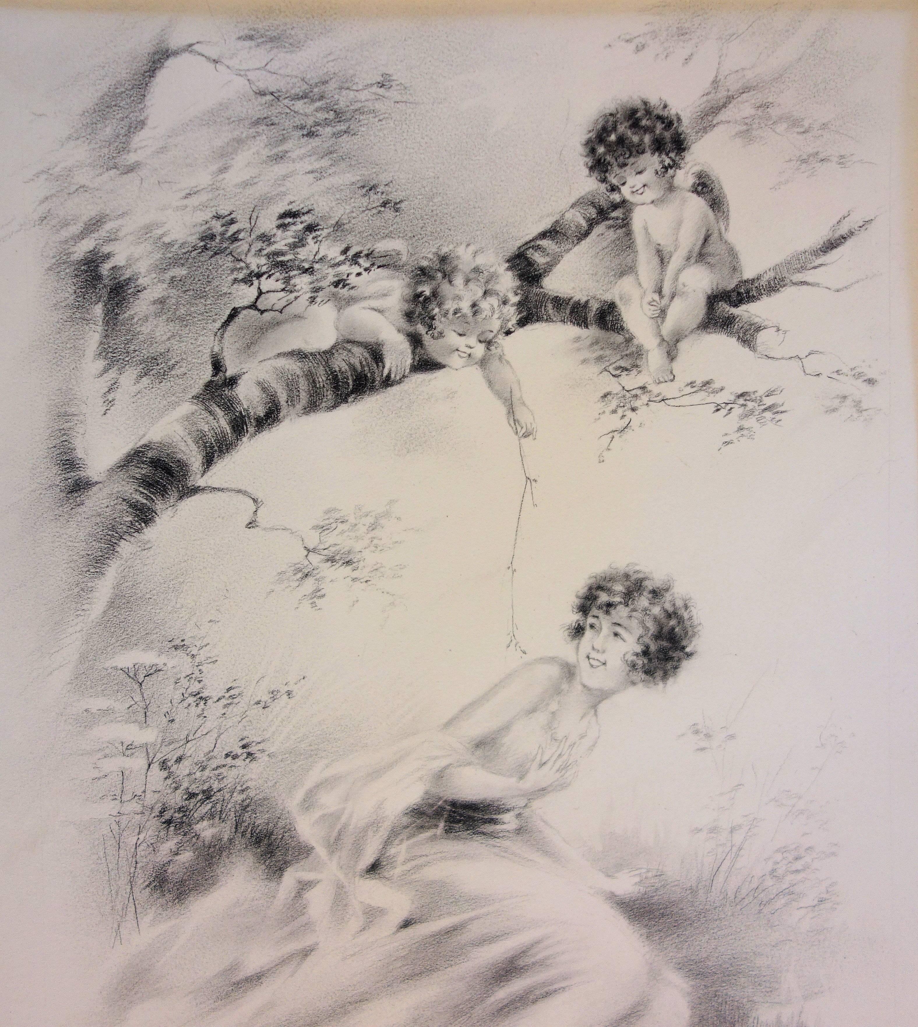 Angels Teasing a Young Woman - Original handsigned drawing -1934 - Art by Alfred Renaudin (Naudy)