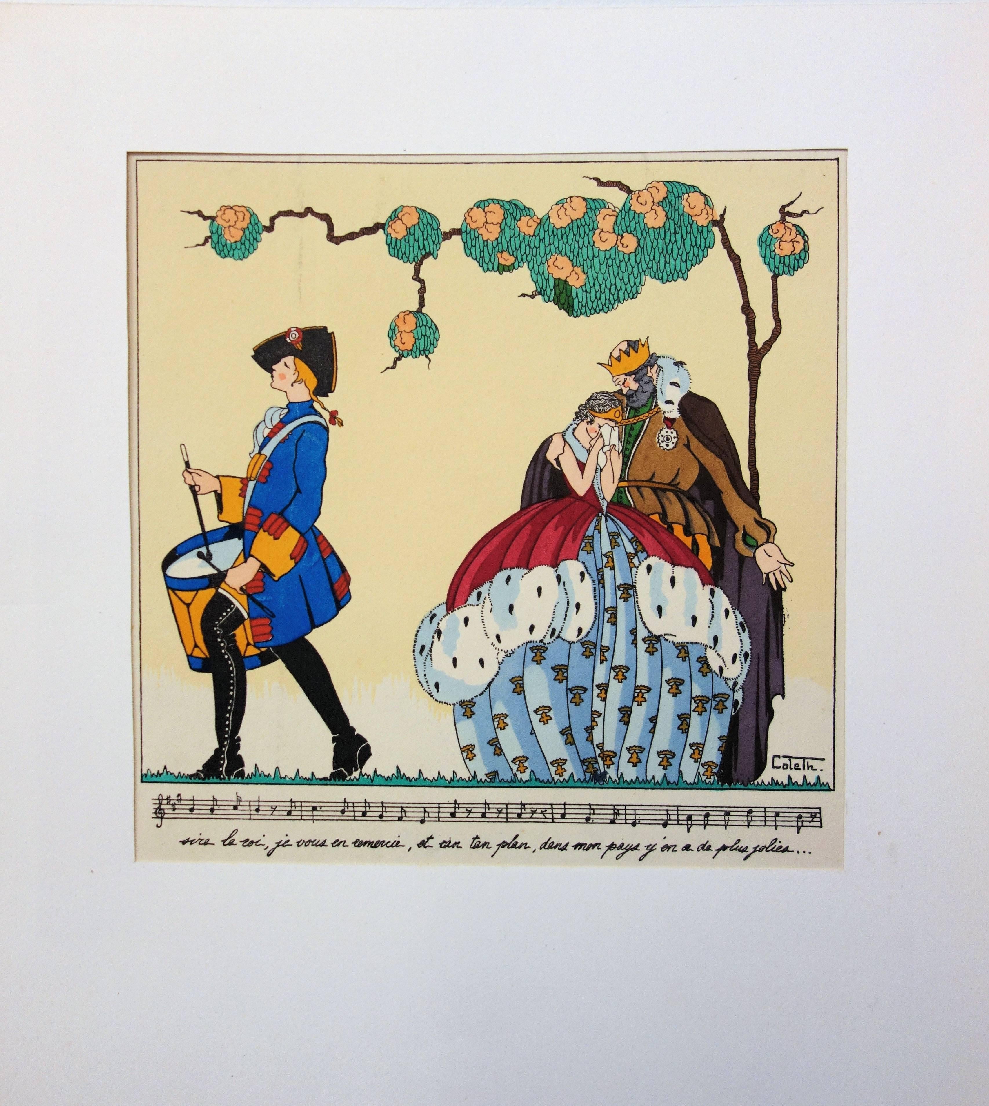 Unknown Figurative Print - Coleth : King, Queen and Musician - Original pochoir