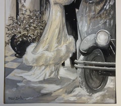 1920's Elegant Couple in the Snow - Original handsigned watercolor - 1930