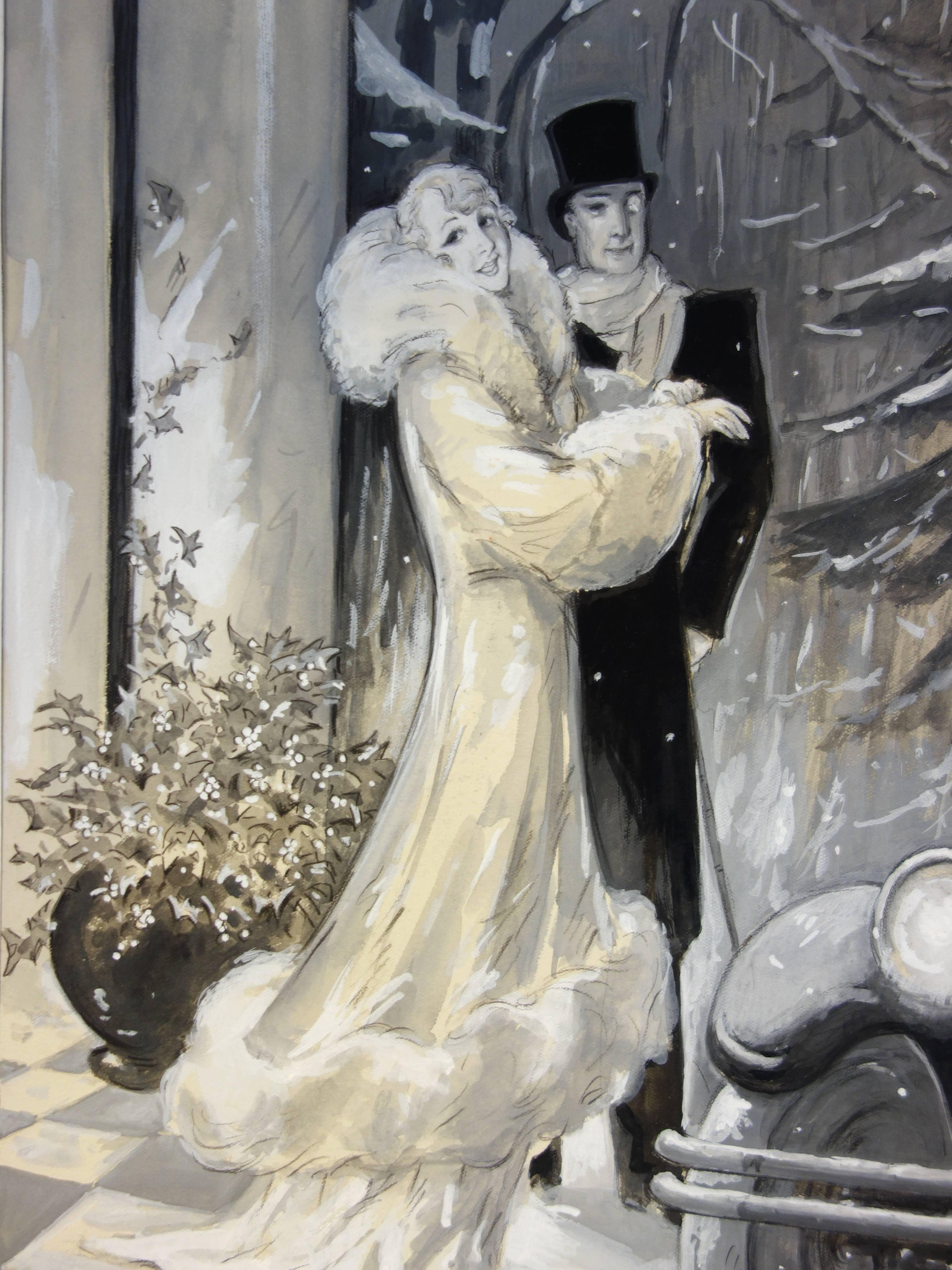 1920's Elegant Couple in the Snow - Original handsigned watercolor - 1930