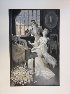 Piano Lesson on a Snowing Day - Original handsigned watercolor - 1930