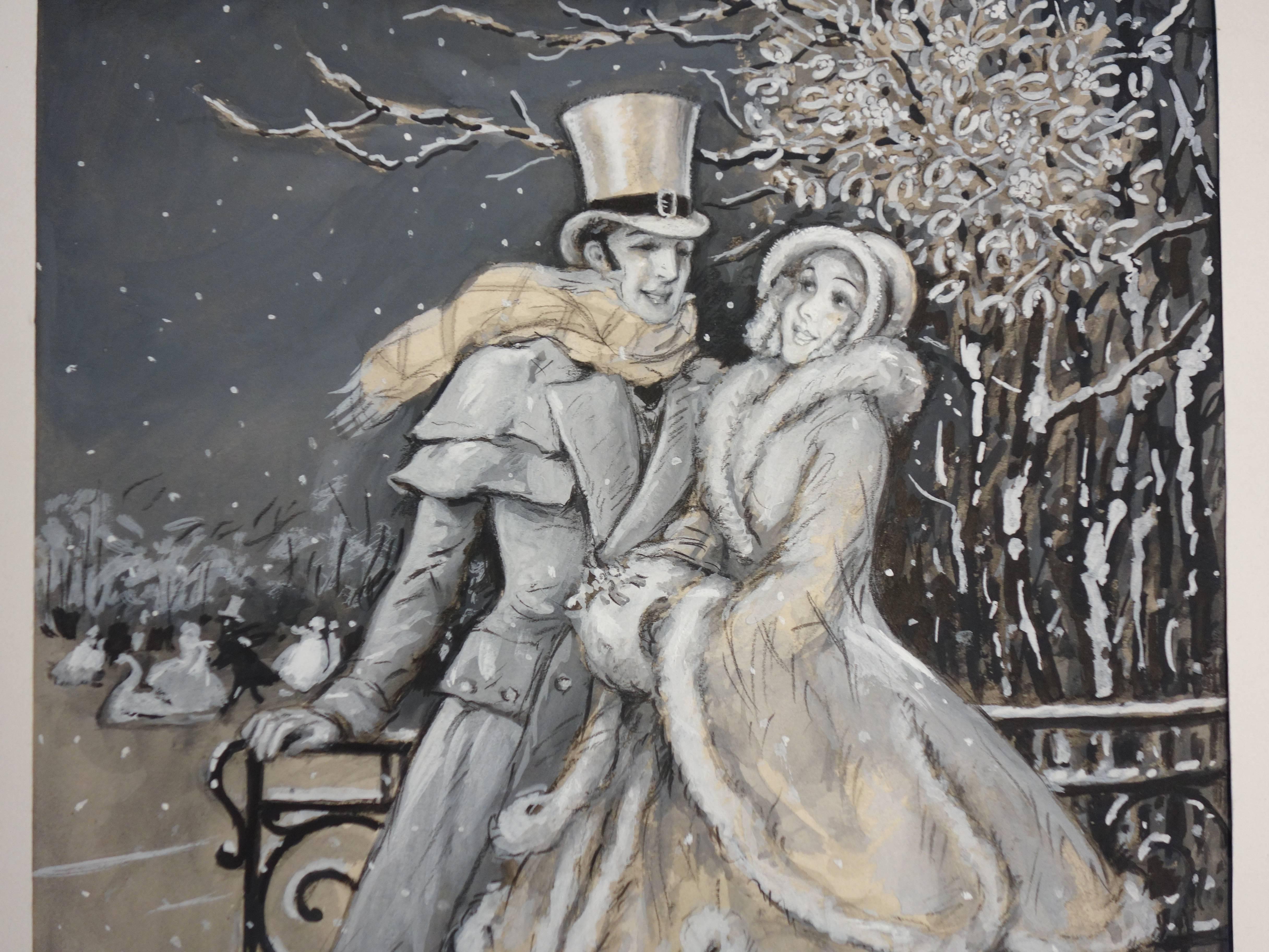 Elegantes amantes en la pista de patinaje - Acuarela original firmada a mano - 1930 - Figurative Art Gris de Marcel Bloch
