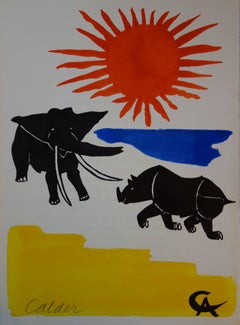 Retro Elephant and Rhinoceros - Original handsigned lithograph - 1966
