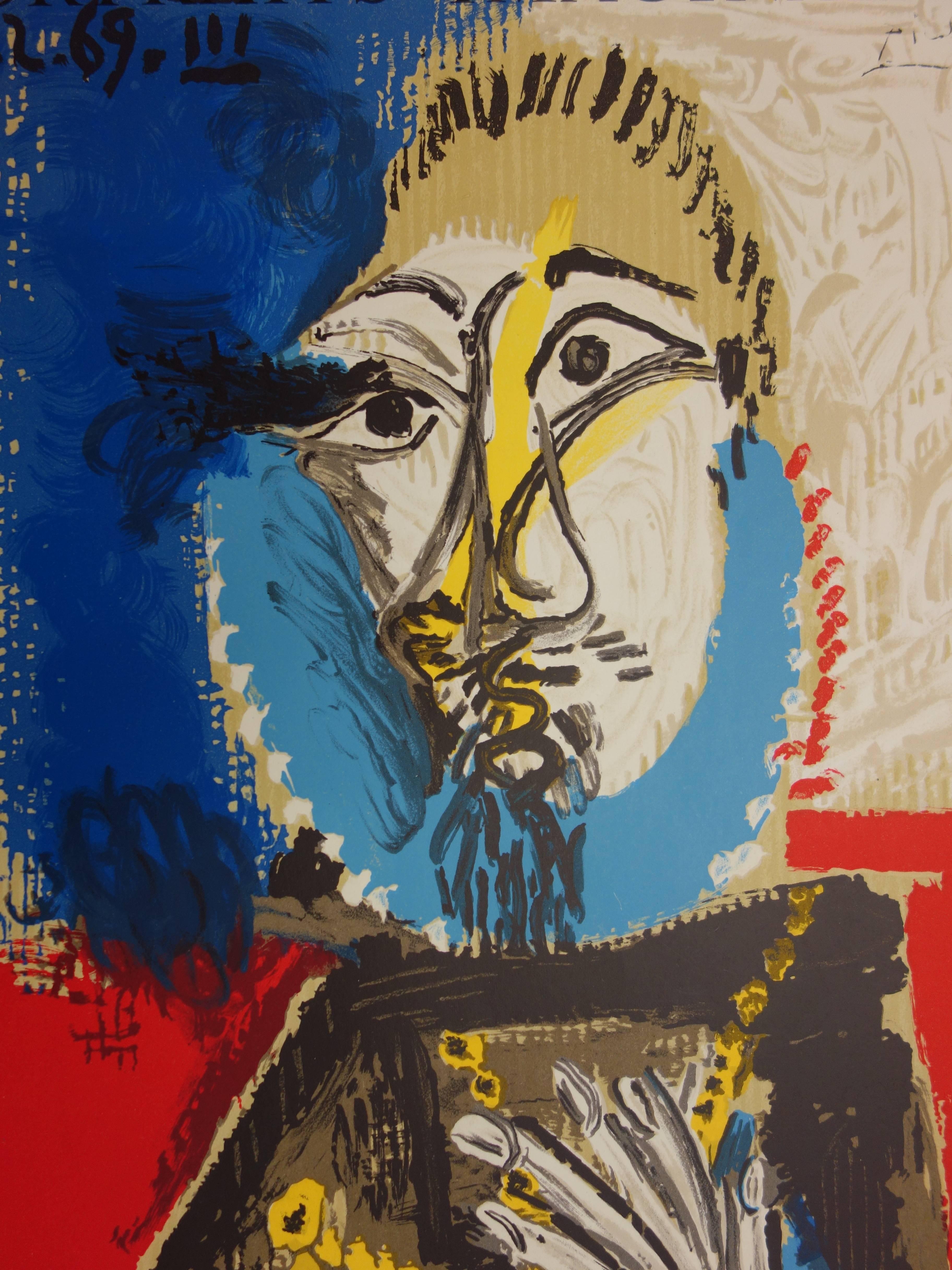 Affiche de l'exposition « Imaginary Portraits » ( Portraits imaginaires) : Homme avec une barbe - Lithographie - Marron Portrait Print par (after) Pablo Picasso