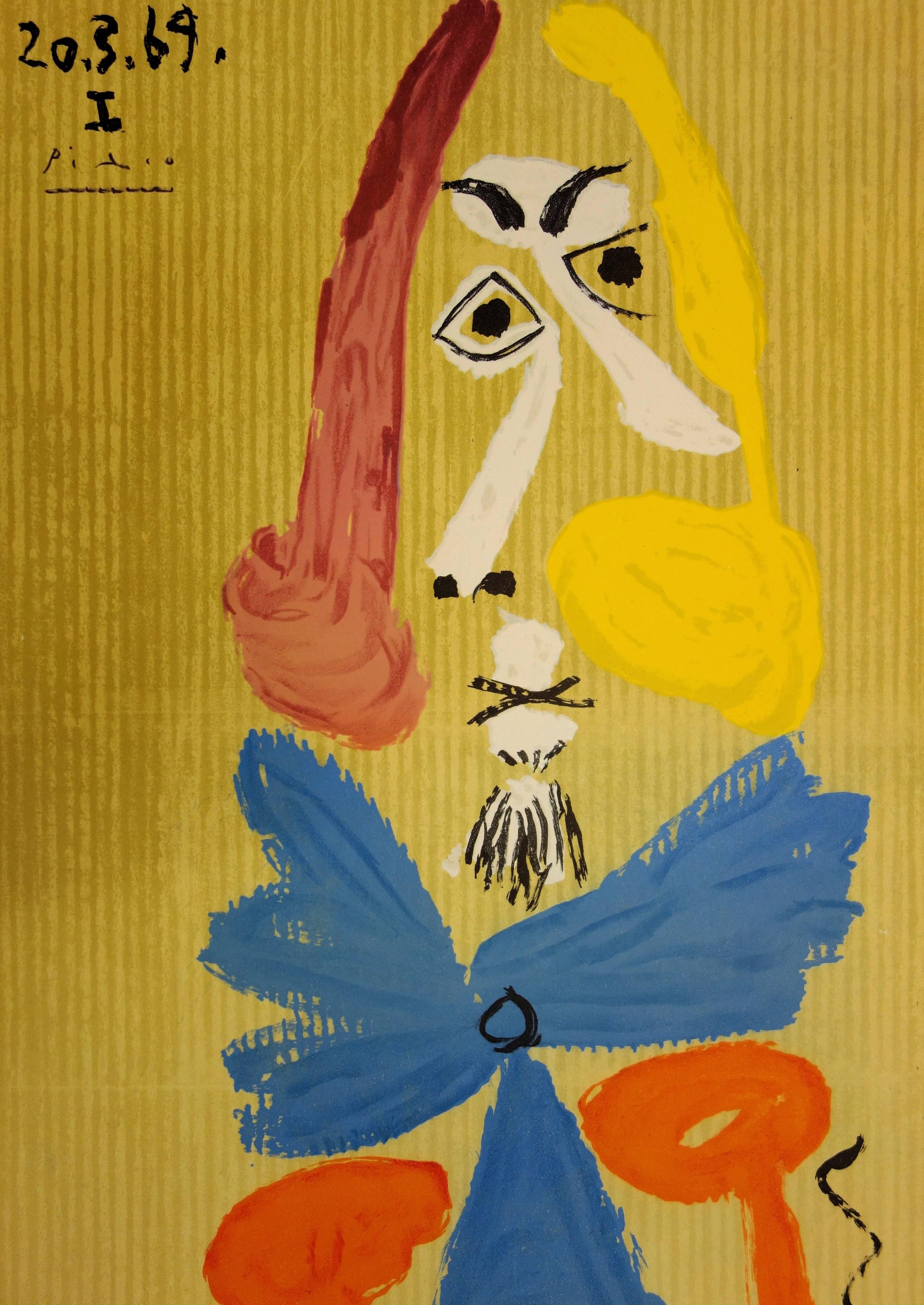 Portraits imaginaires : Homme avec une écharpe bleue - Lithographie - 1971 - Marron Portrait Print par (after) Pablo Picasso
