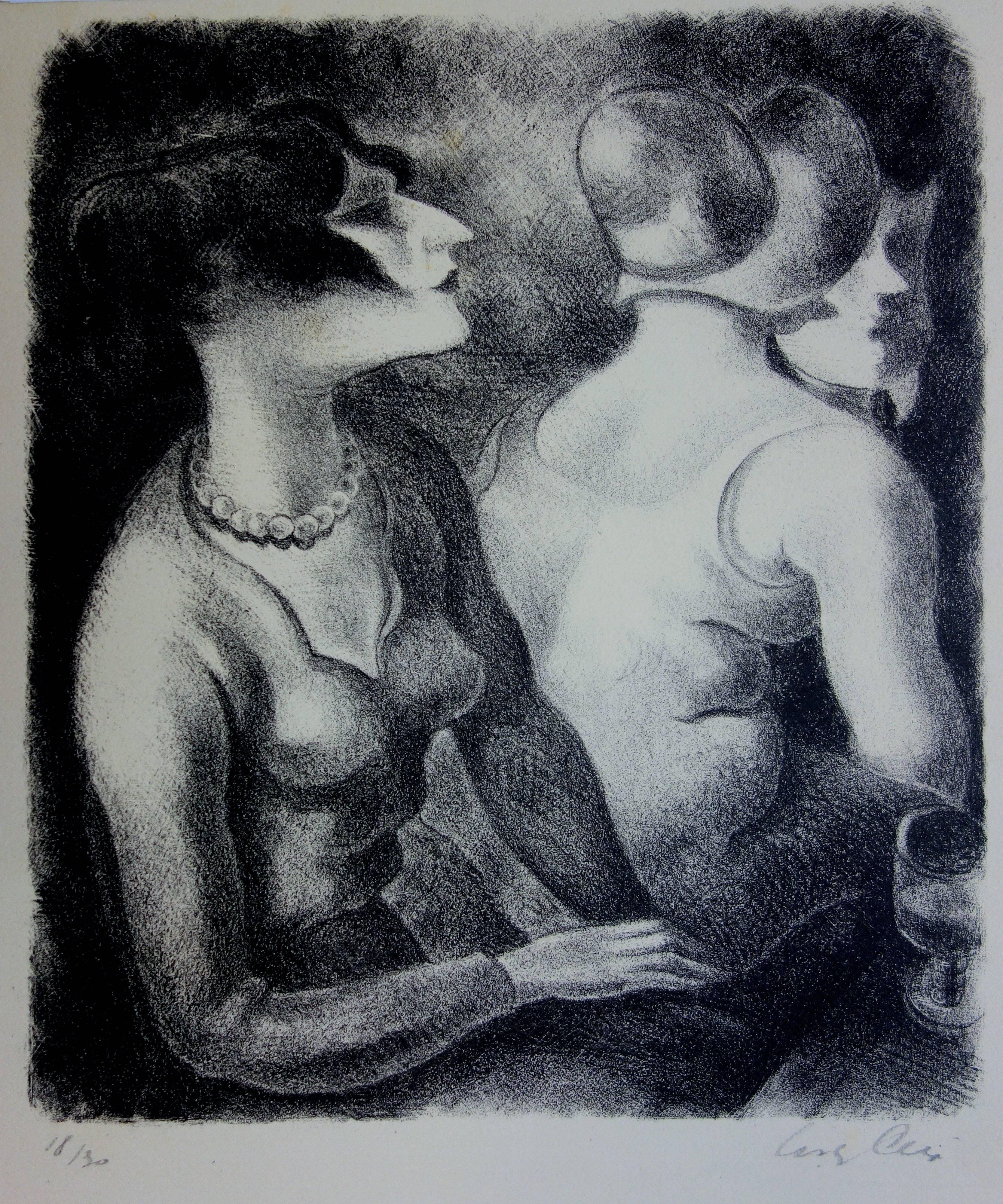 Zwei Frauen in einem Couchtisch – handsignierte Originallithographie (Art nouveau), Print, von Yves Alix