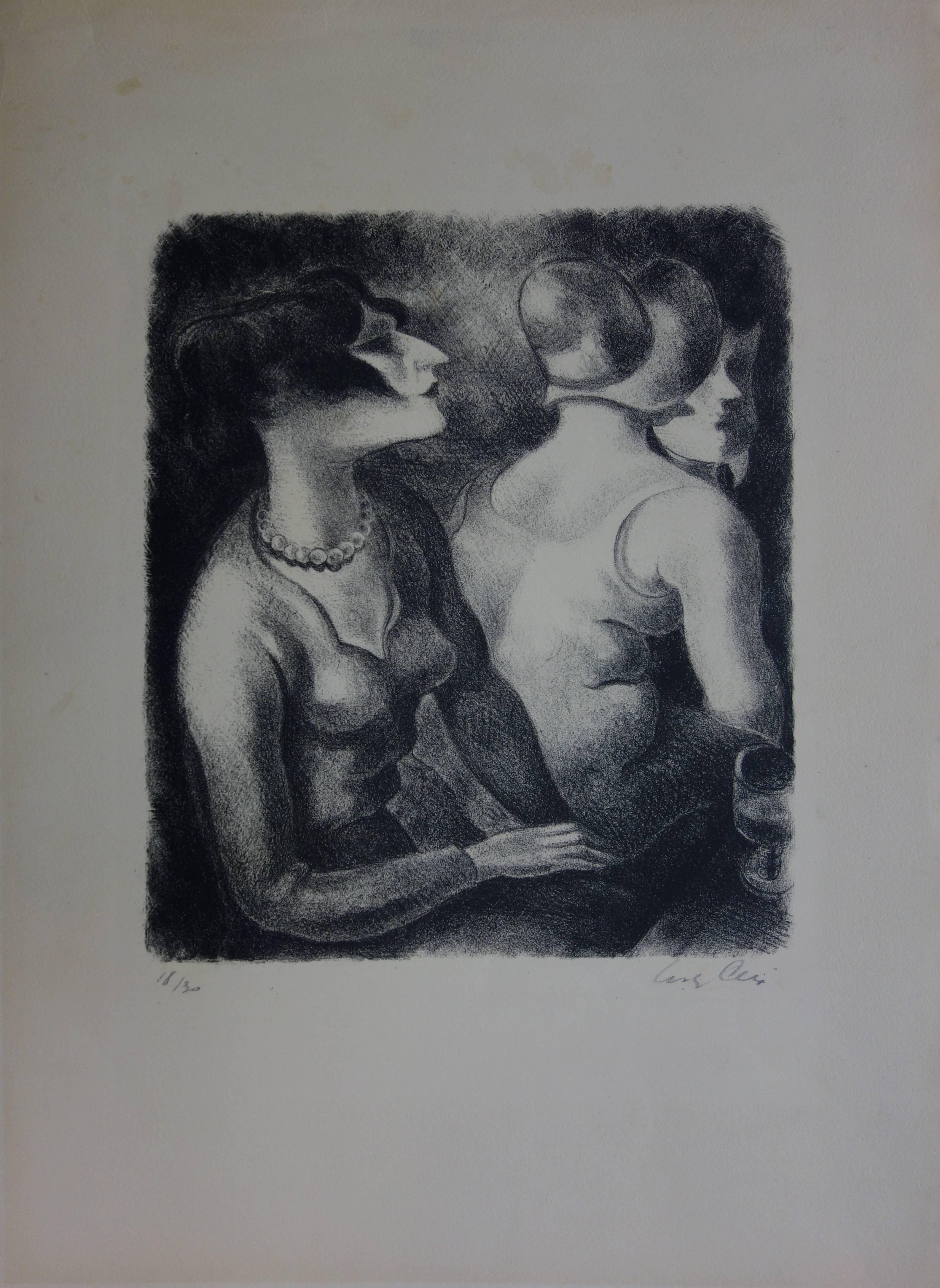 Yves Alix Interior Print - Two Women in a Coffee Shop - Handsigned original lithograph