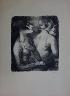Antique Two Women in a Coffee Shop - Handsigned original lithograph