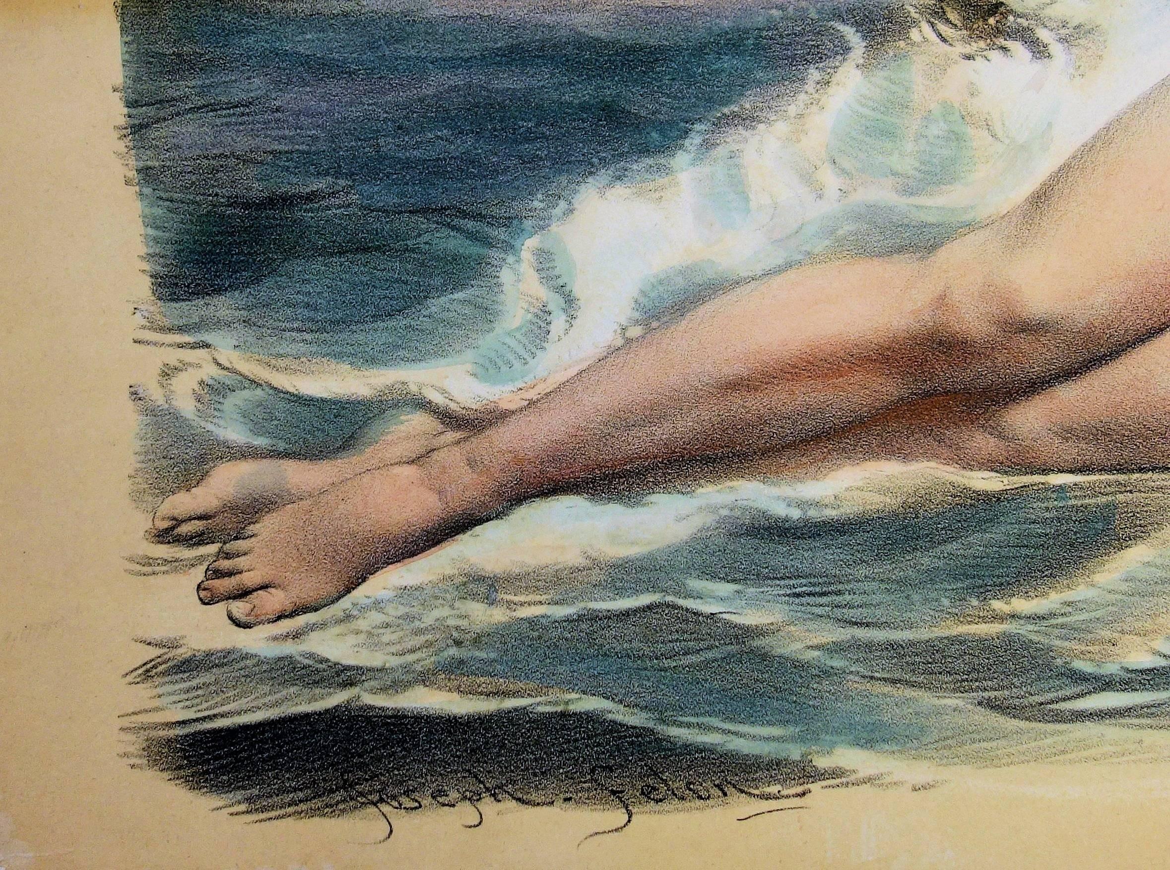 The Bath of Venus – Original Lithographie und Aquarell – Print von Joseph Felon