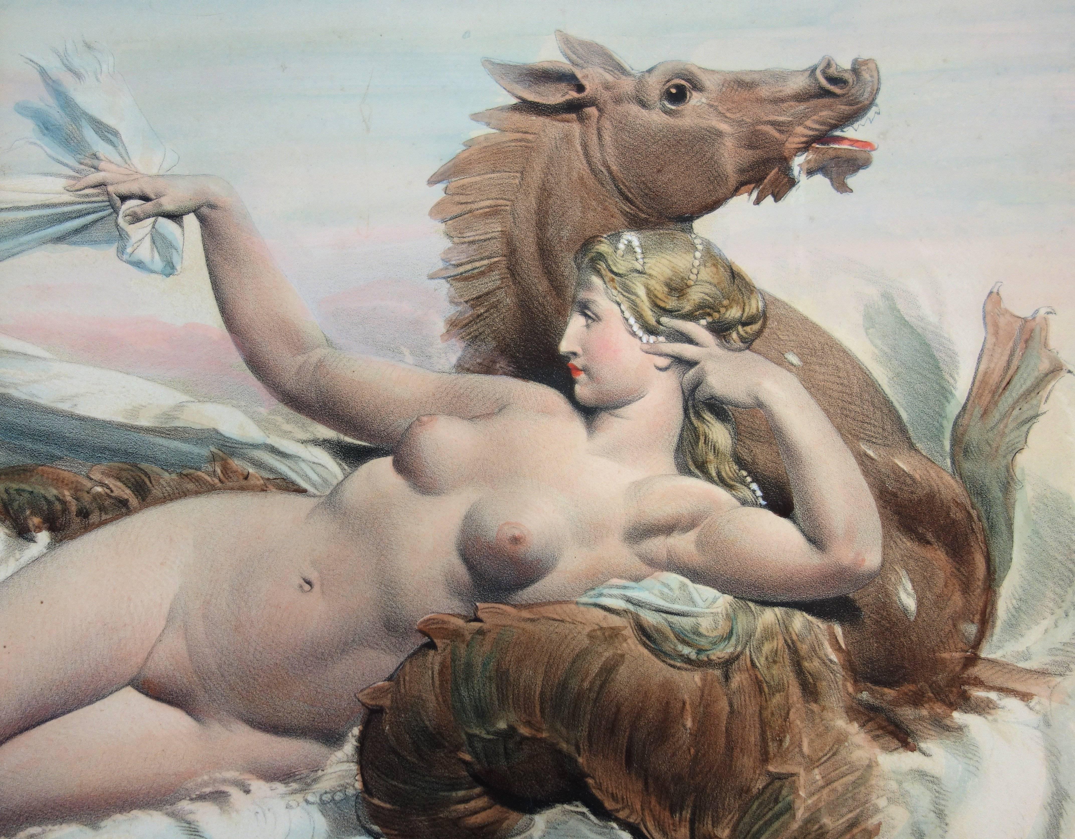 The Bath of Venus – Original Lithographie und Aquarell (Grau), Nude Print, von Joseph Felon