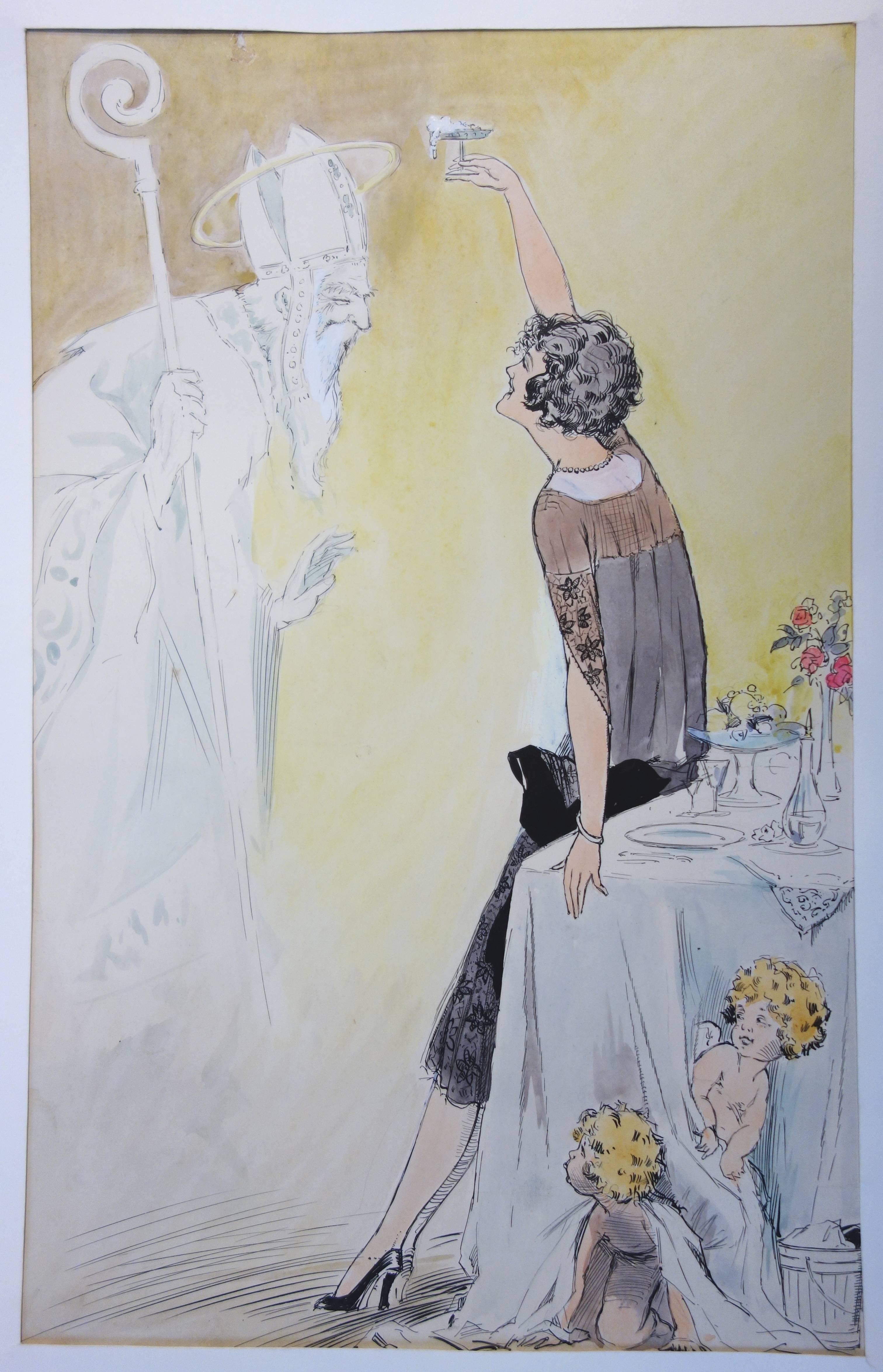 Alfred Renaudin (Naudy) Figurative Art - Divine Champagne - Original watercolor - circa 1930