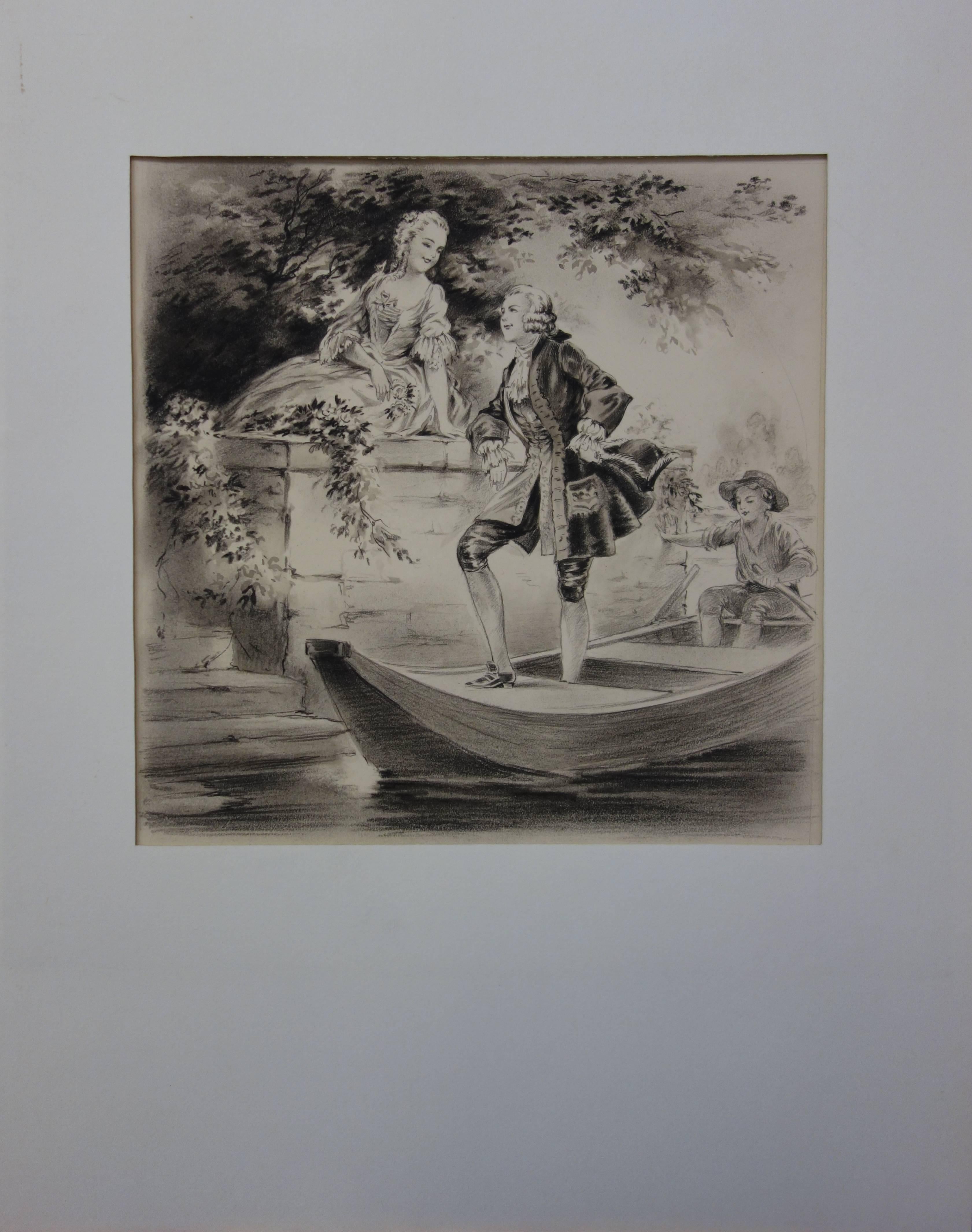Lover Arriving on a Boat - Original handsigned drawing - 1931 - Romantic Art by Alfred Renaudin (Naudy)