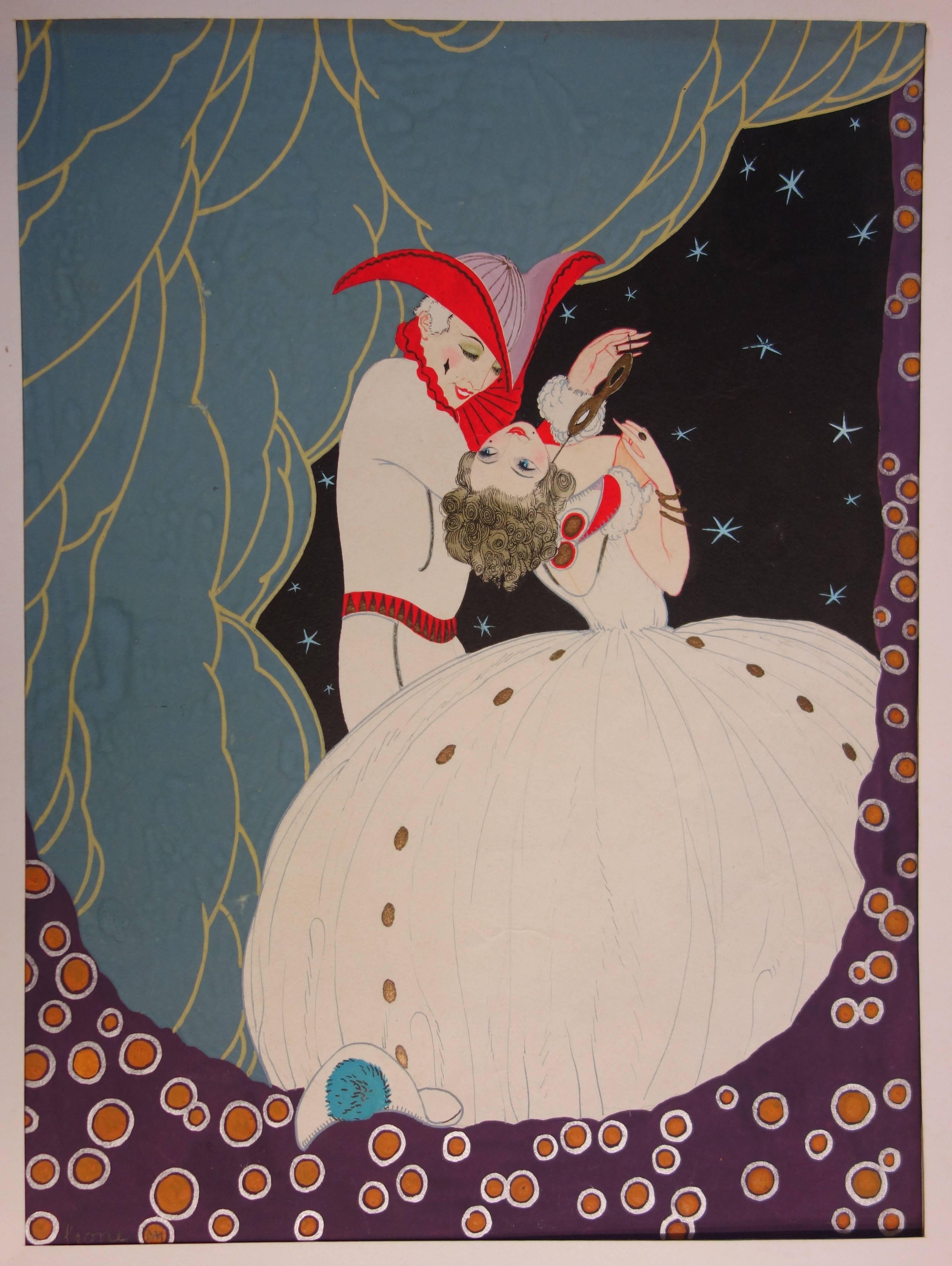 Coleth: „Die Liebhaber des Karnevals von Venedig“ – Original Art-Déco-Pochoir