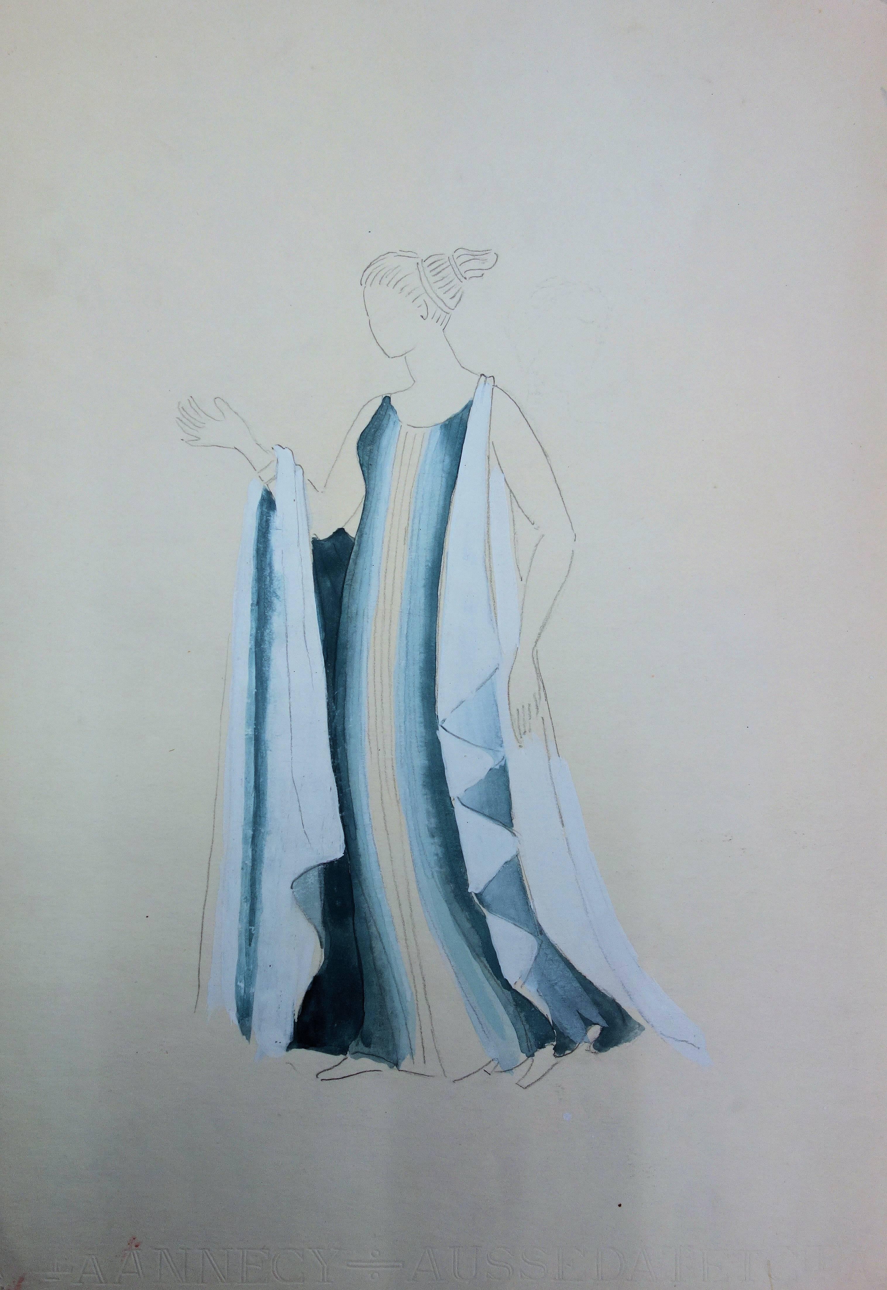 Robe longue bleue : costume grec ancien (ancien) - dessin à l'aquarelle d'origine