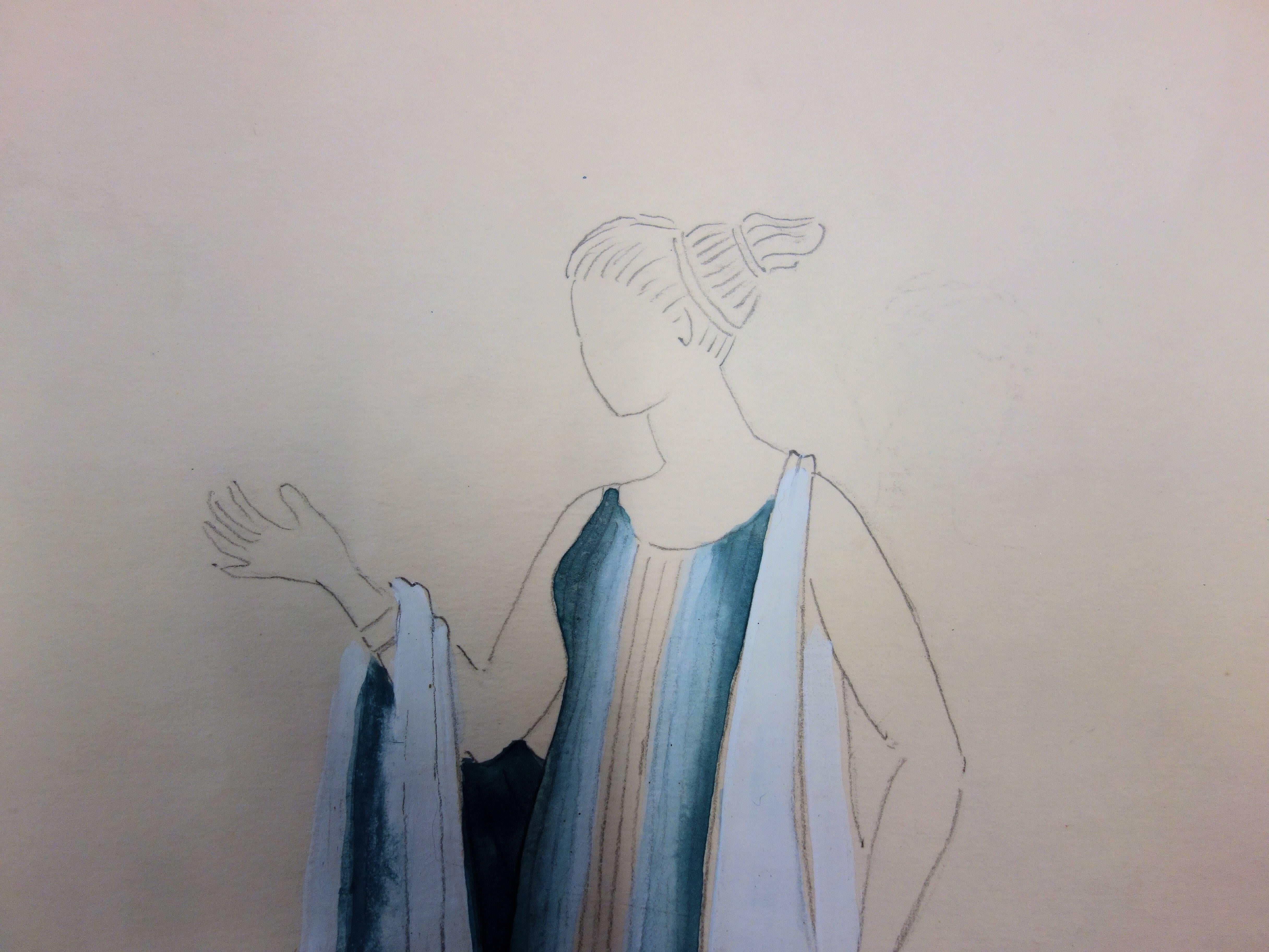 Langes blaues Kleid: Antikes griechisches Kostüm (Antigone) – Original Aquarellzeichnung (Moderne), Art, von Suzanne Lalique