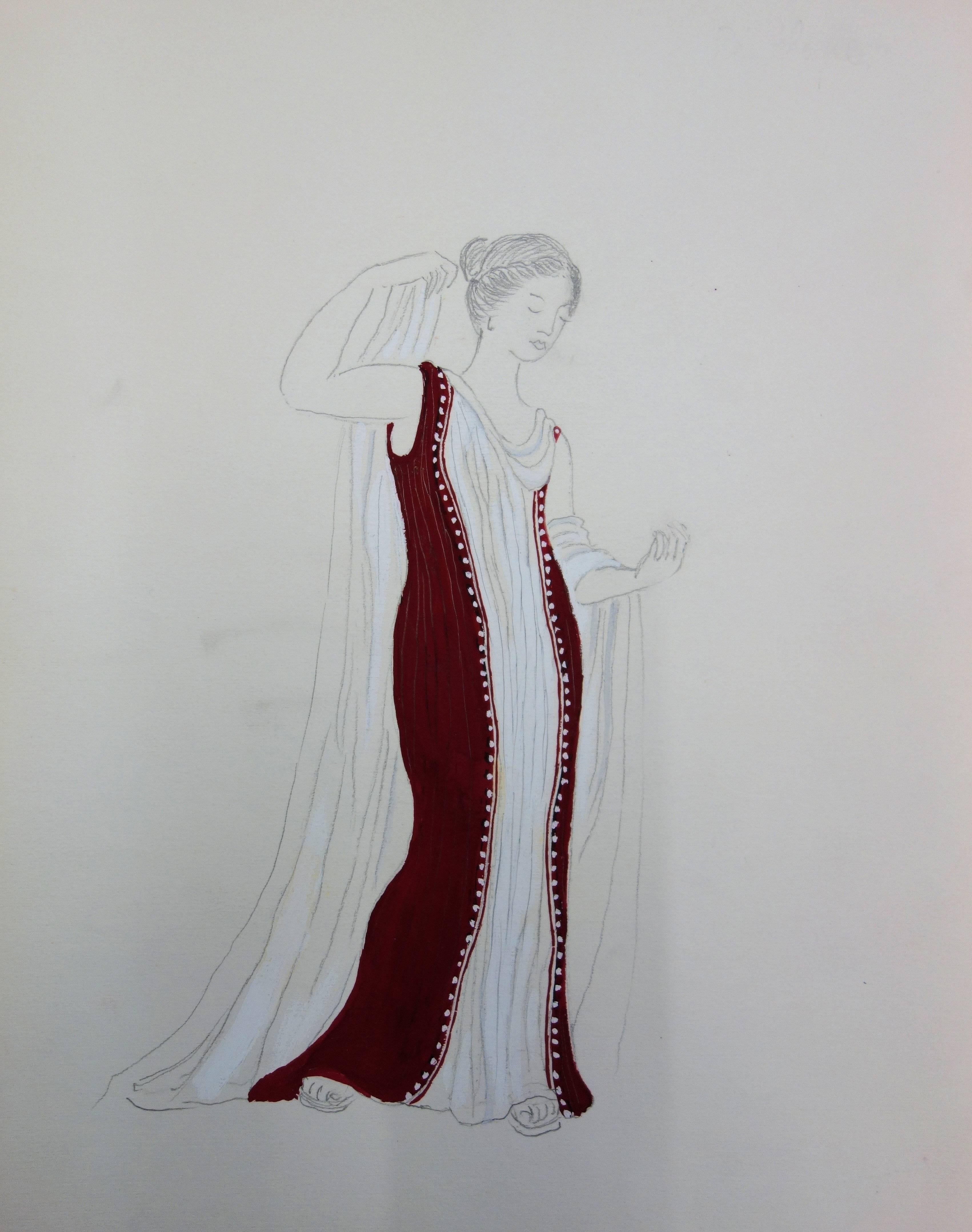 Langes rotes Kleid: Antikes griechisches Kostüm (Antigone) – Original Aquarellzeichnung