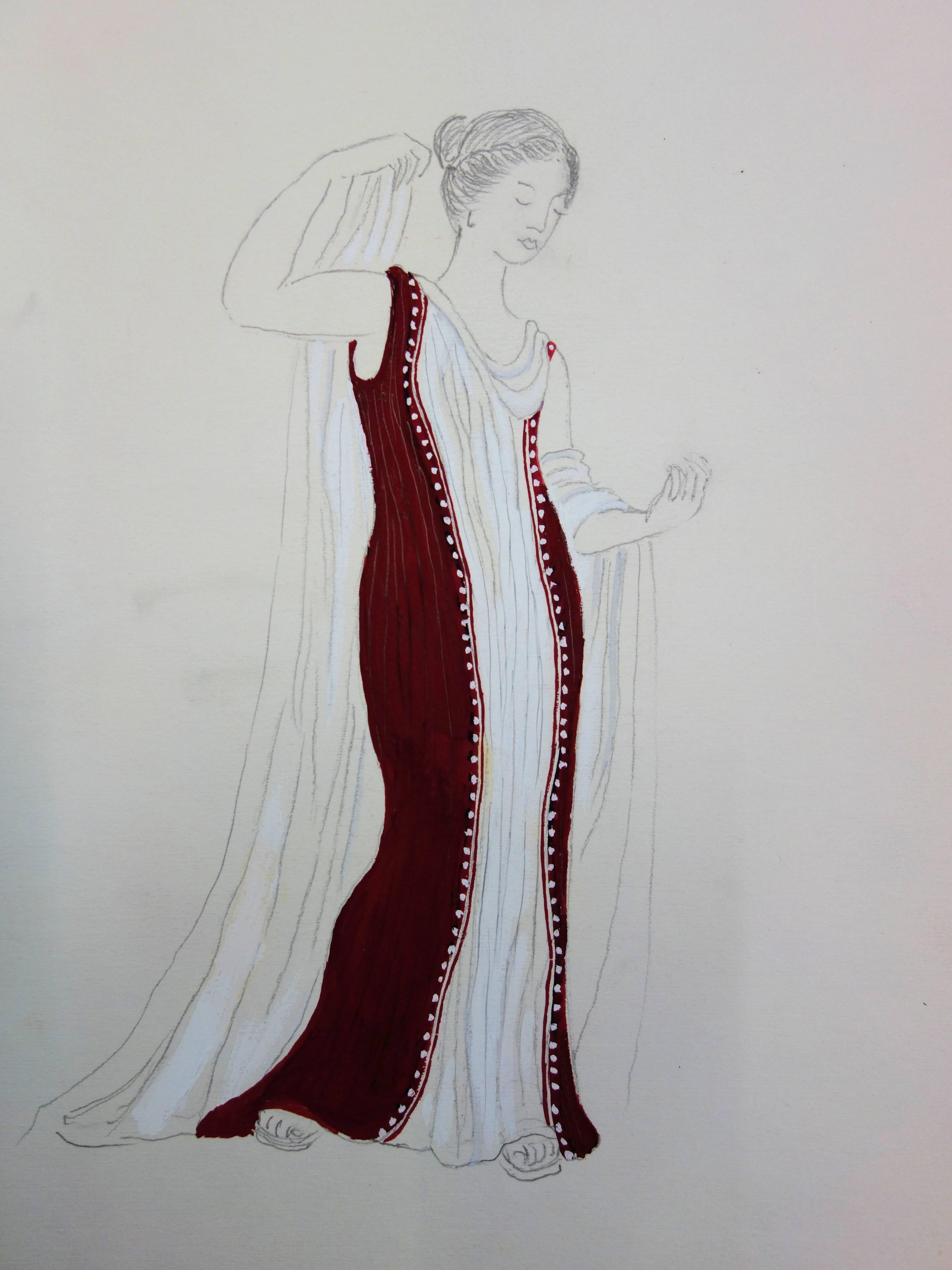 Langes rotes Kleid: Antikes griechisches Kostüm (Antigone) – Original Aquarellzeichnung (Moderne), Art, von Suzanne Lalique