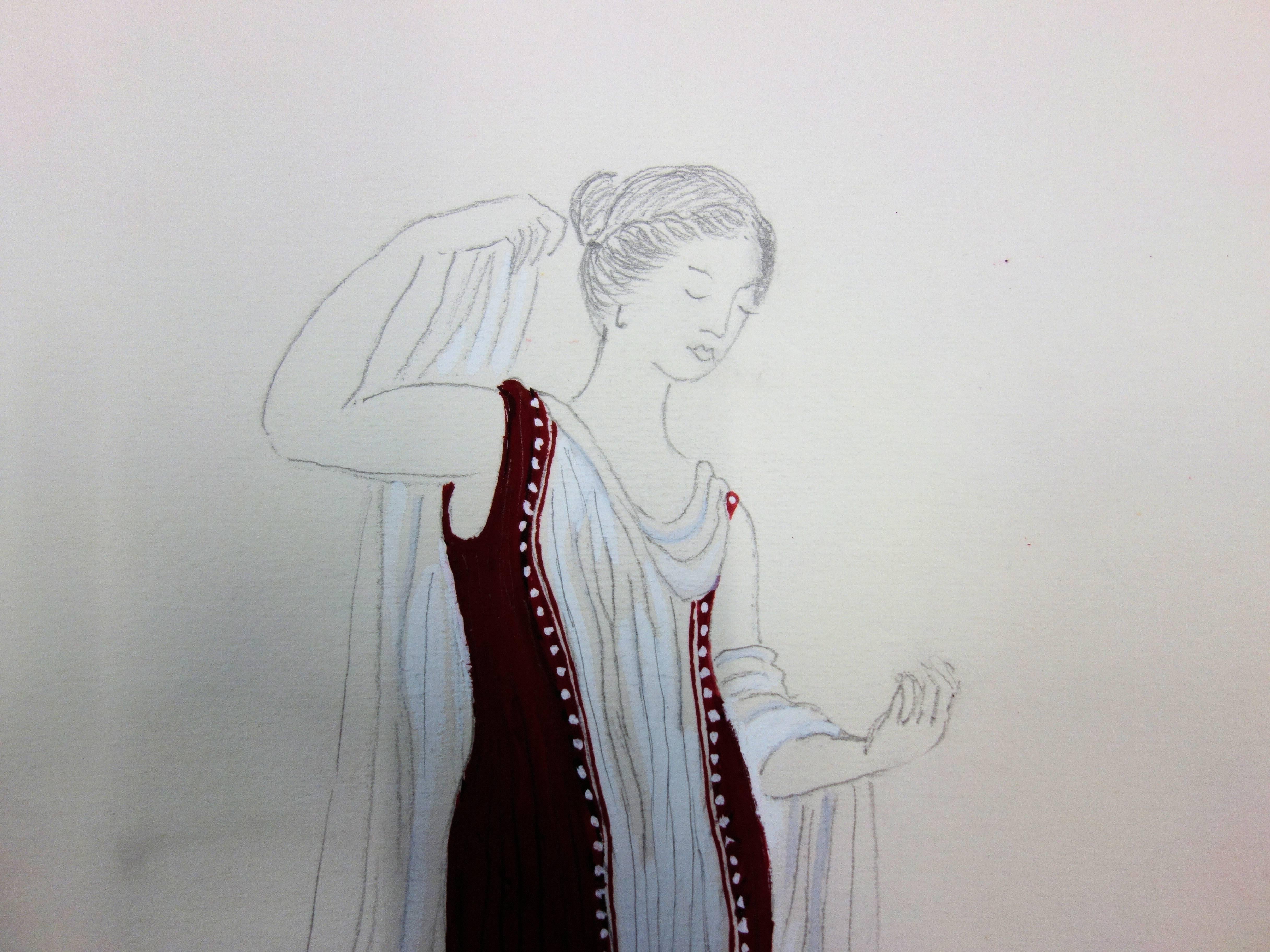 Langes rotes Kleid: Antikes griechisches Kostüm (Antigone) – Original Aquarellzeichnung (Grau), Figurative Art, von Suzanne Lalique
