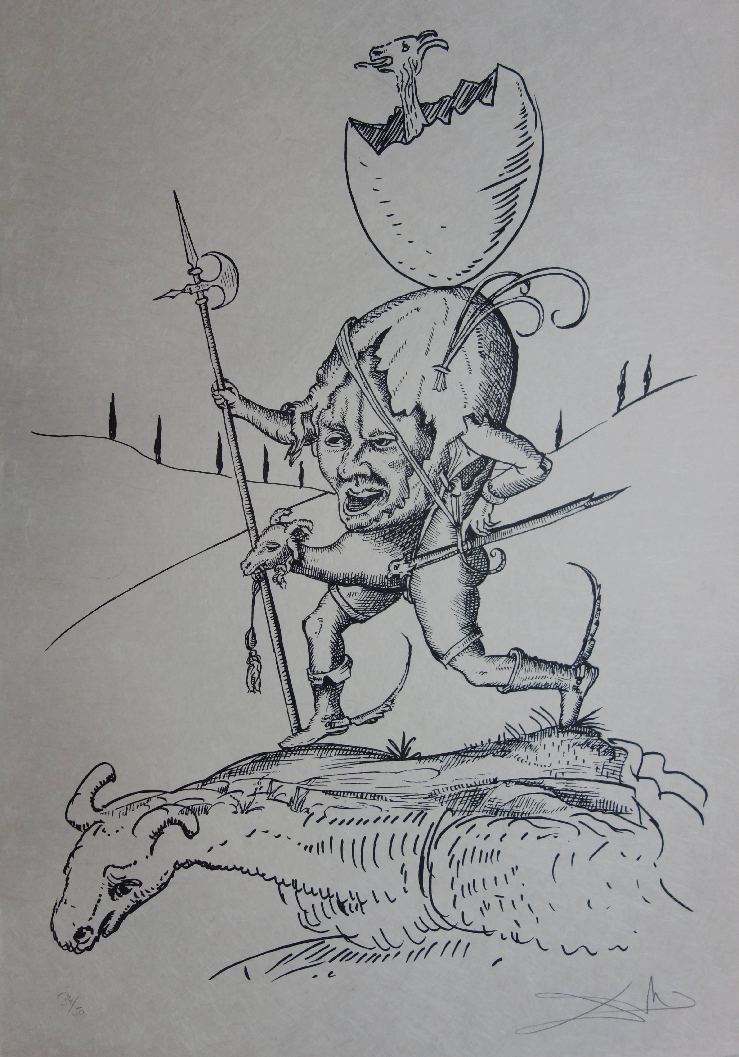 Salvador Dalí Figurative Print - Pantagruel : Plate 7 - The Brave Egg Runner - Original handsigned lithograph