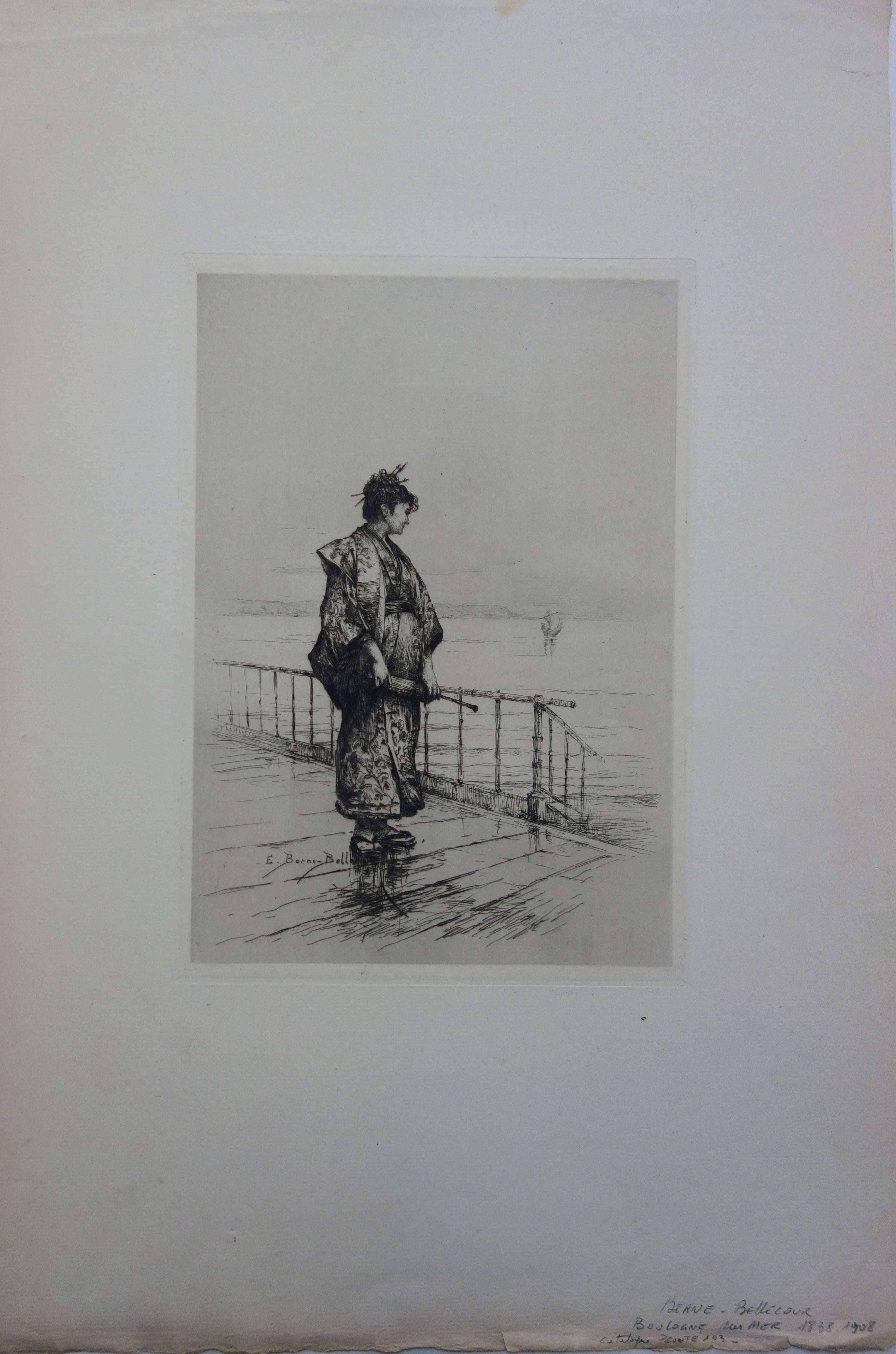 Mujer con traje tradicional japonés mirando al mar - Grabado original - Print Realista de Étienne Prosper Berne-Bellecour