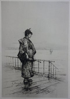 Mujer con traje tradicional japonés mirando al mar - Grabado original