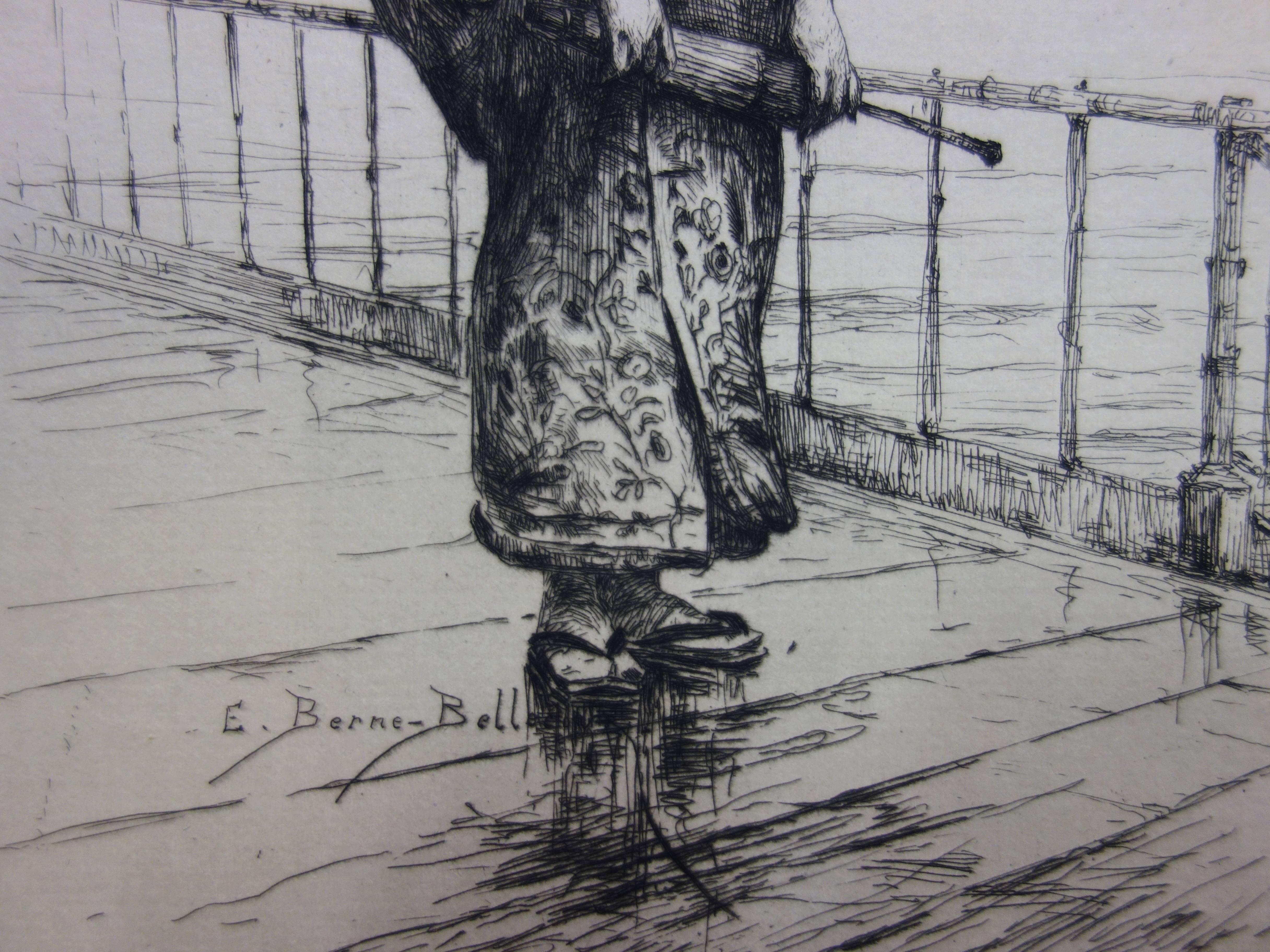 Mujer con traje tradicional japonés mirando al mar - Grabado original - Print de Étienne Prosper Berne-Bellecour