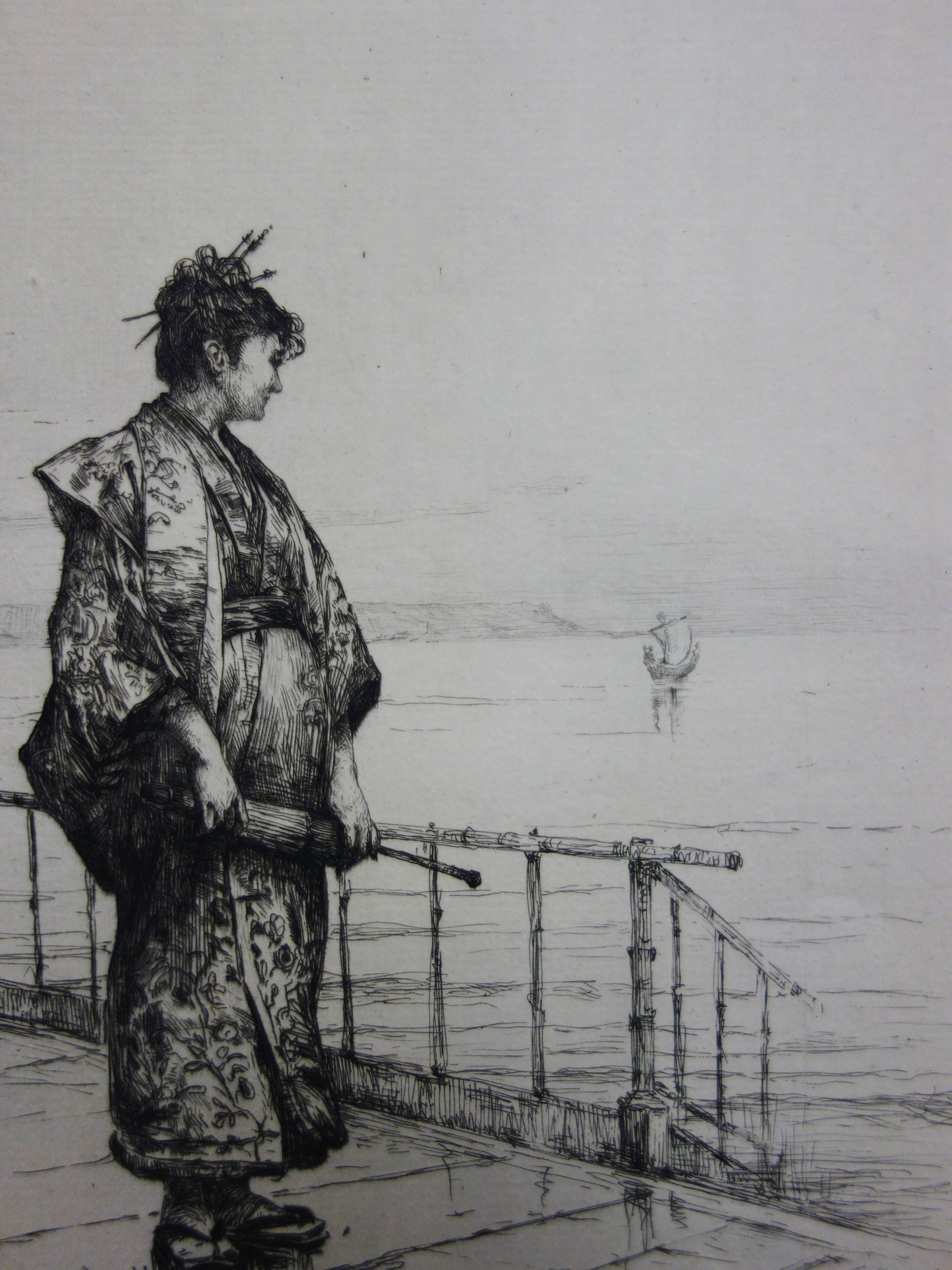 Mujer con traje tradicional japonés mirando al mar - Grabado original - Figurative Print Gris de Étienne Prosper Berne-Bellecour