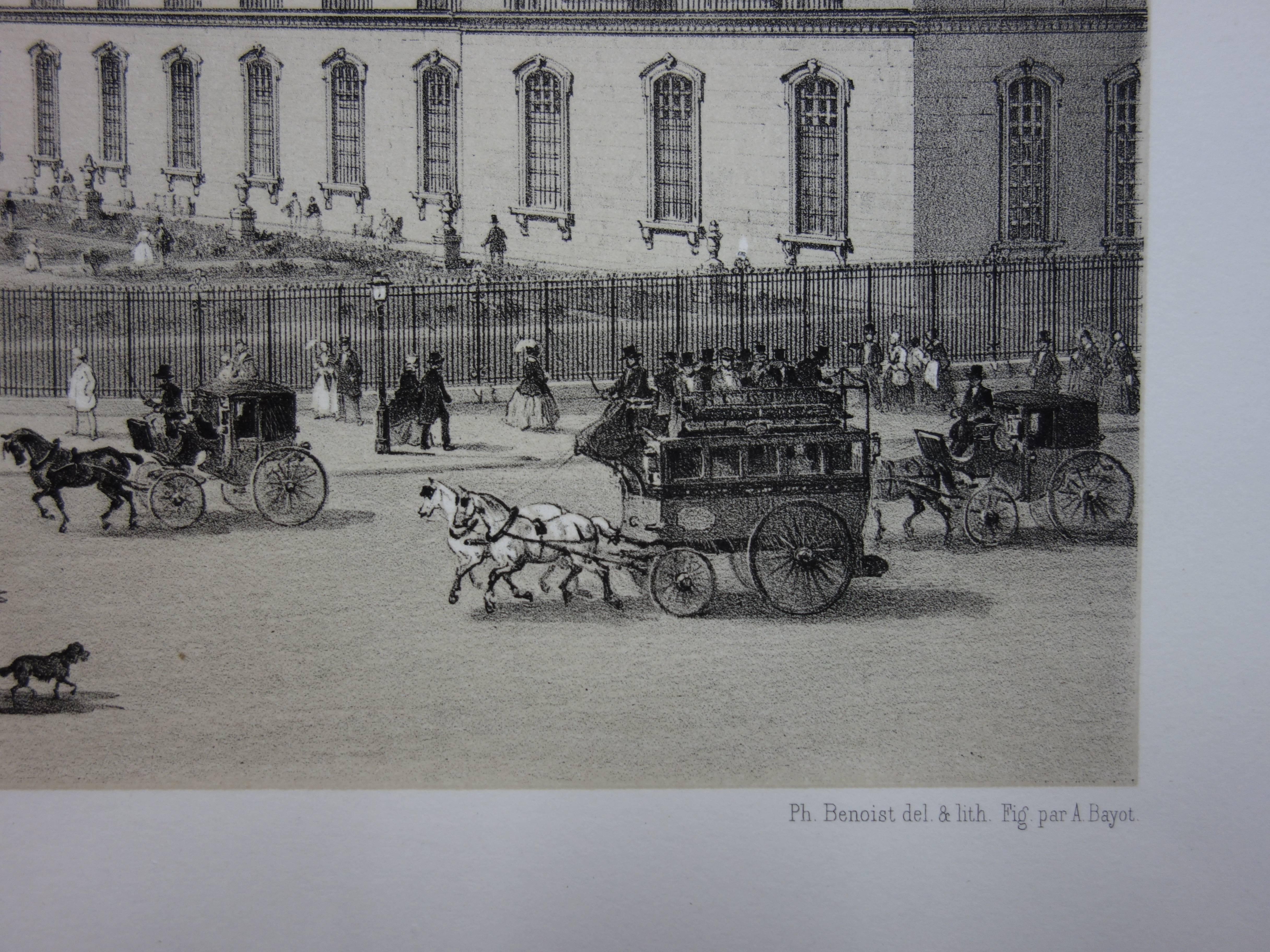 Philippe BENOIST
Paris : Back Door of Louvre Museum - 1861

Original two tones stone lithographs
Printed name of the artist bottom right
On vellum 33.5 x 49 cm (c. 13 x 20 inch)

Information : Edited in 1861 by Charpentier, this lithograph is part