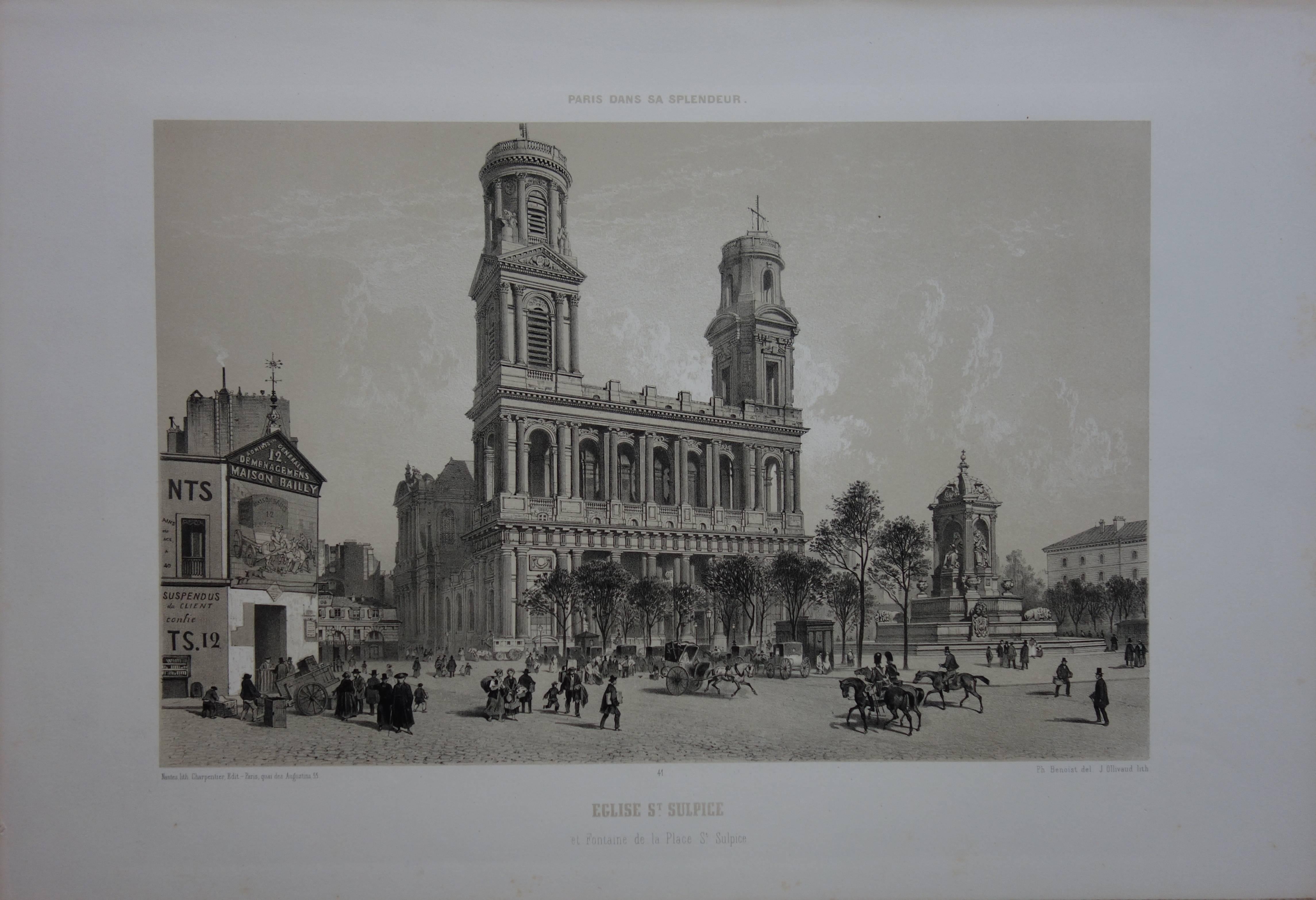  Philippe Benoist Landscape Print - Paris : Saint Sulpice Church - Original stone lithograph 