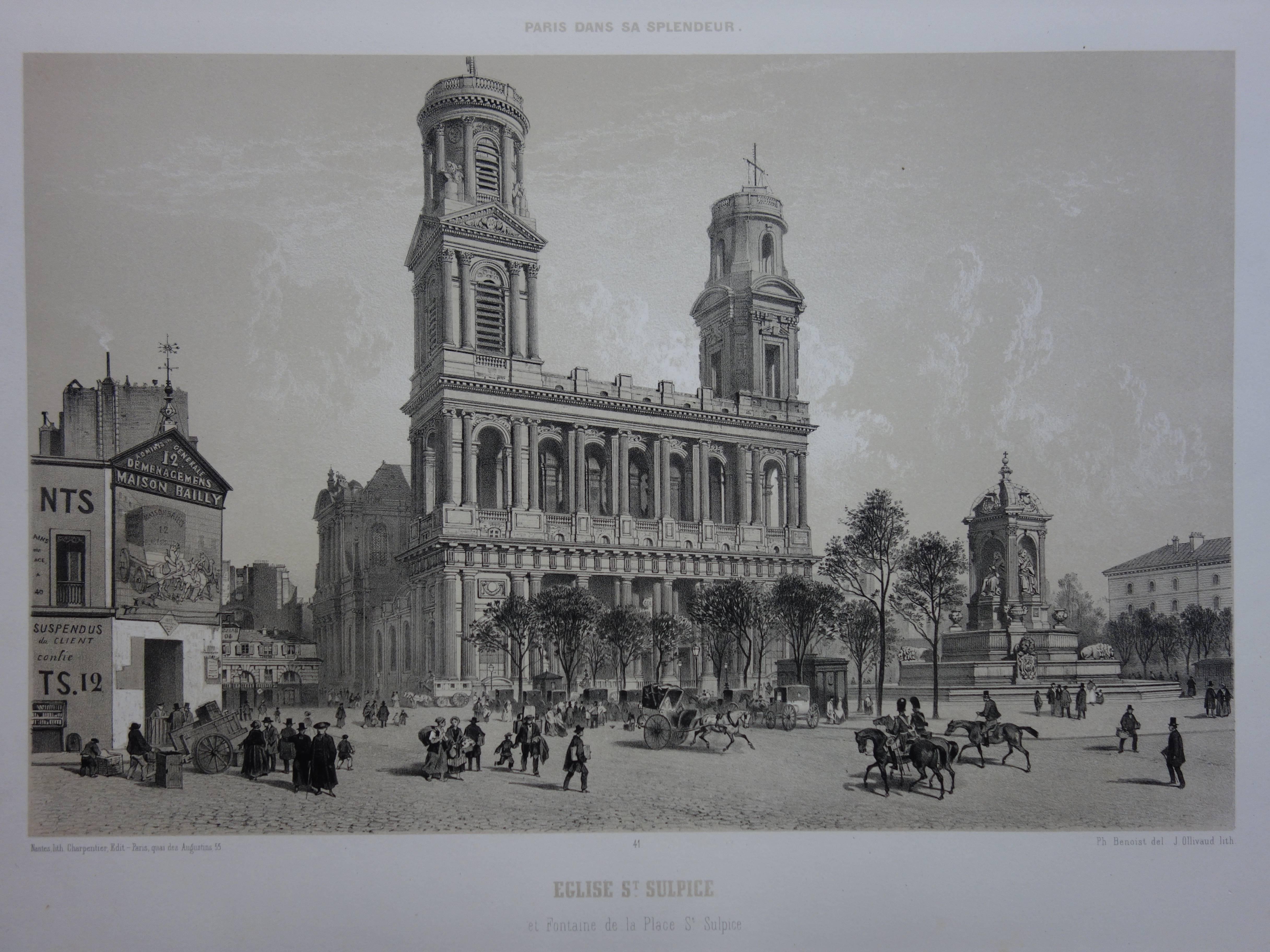 Paris : Saint Sulpice Church - Original stone lithograph  - Print by  Philippe Benoist