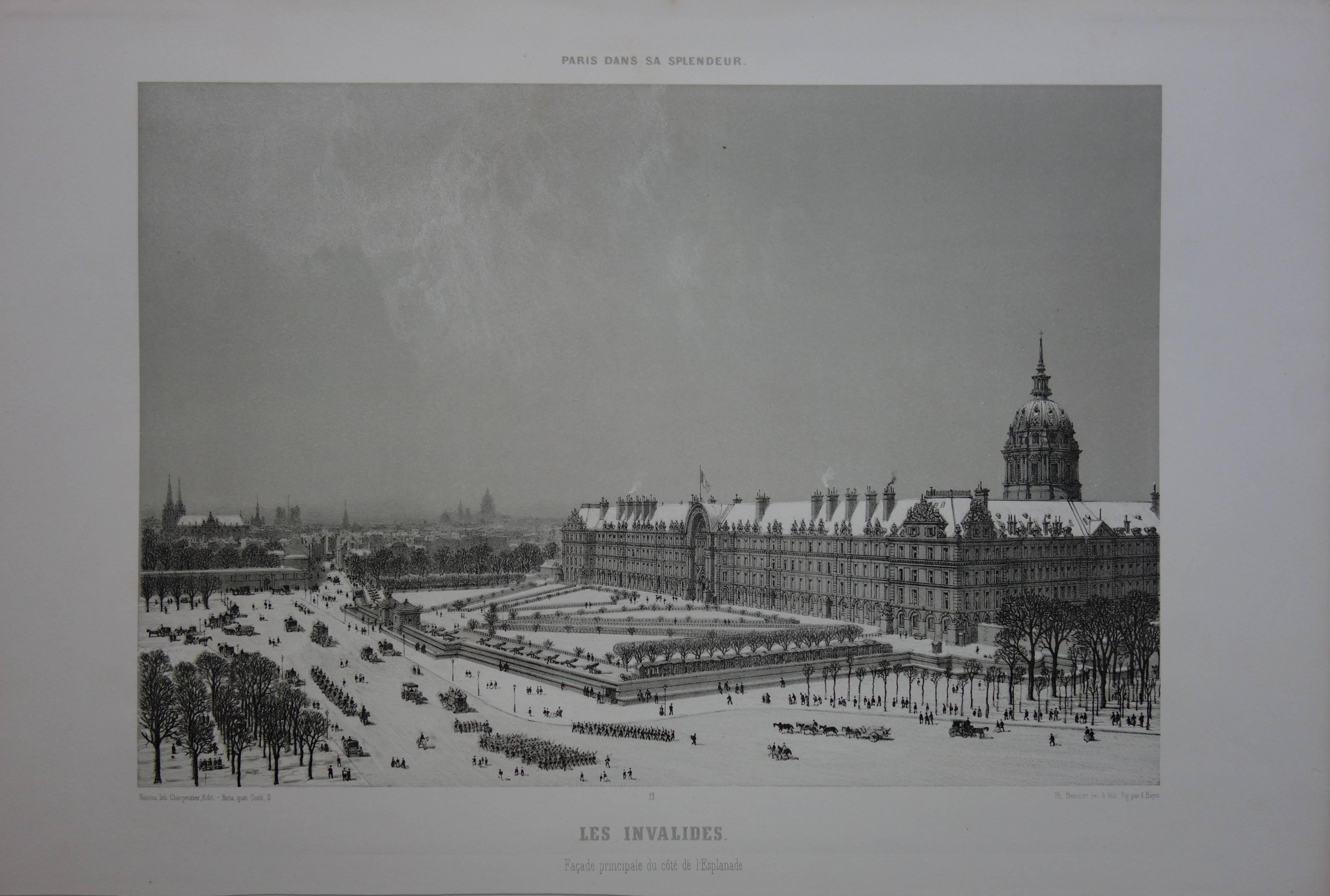 Paris : Les Invalides under the Snow - Original stone lithograph 